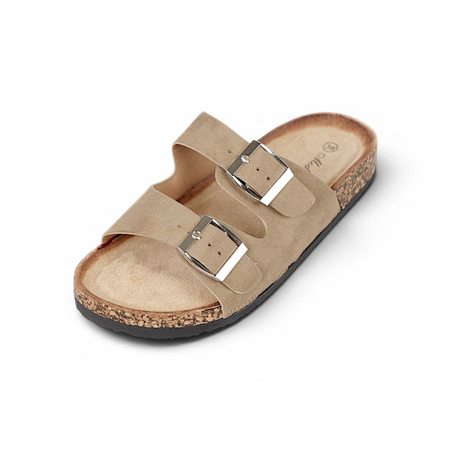 Sandalias planas mujer doble hebilla ajustable para el día a día Sandalias casuales verano con tiras anchas y hebillas metálicas en negro y beige