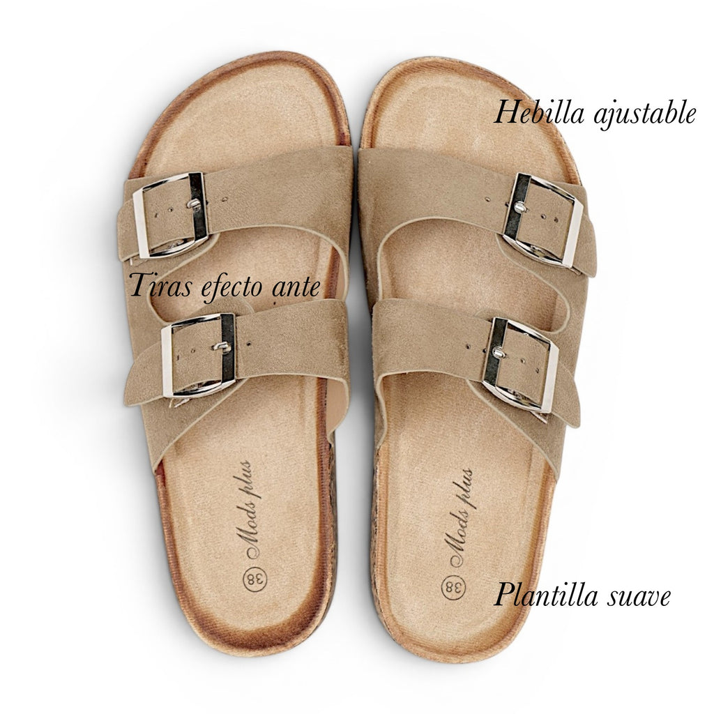 Sandalias planas mujer doble hebilla ajustable para el día a día Sandalias casuales verano con tiras anchas y hebillas metálicas en negro y beige