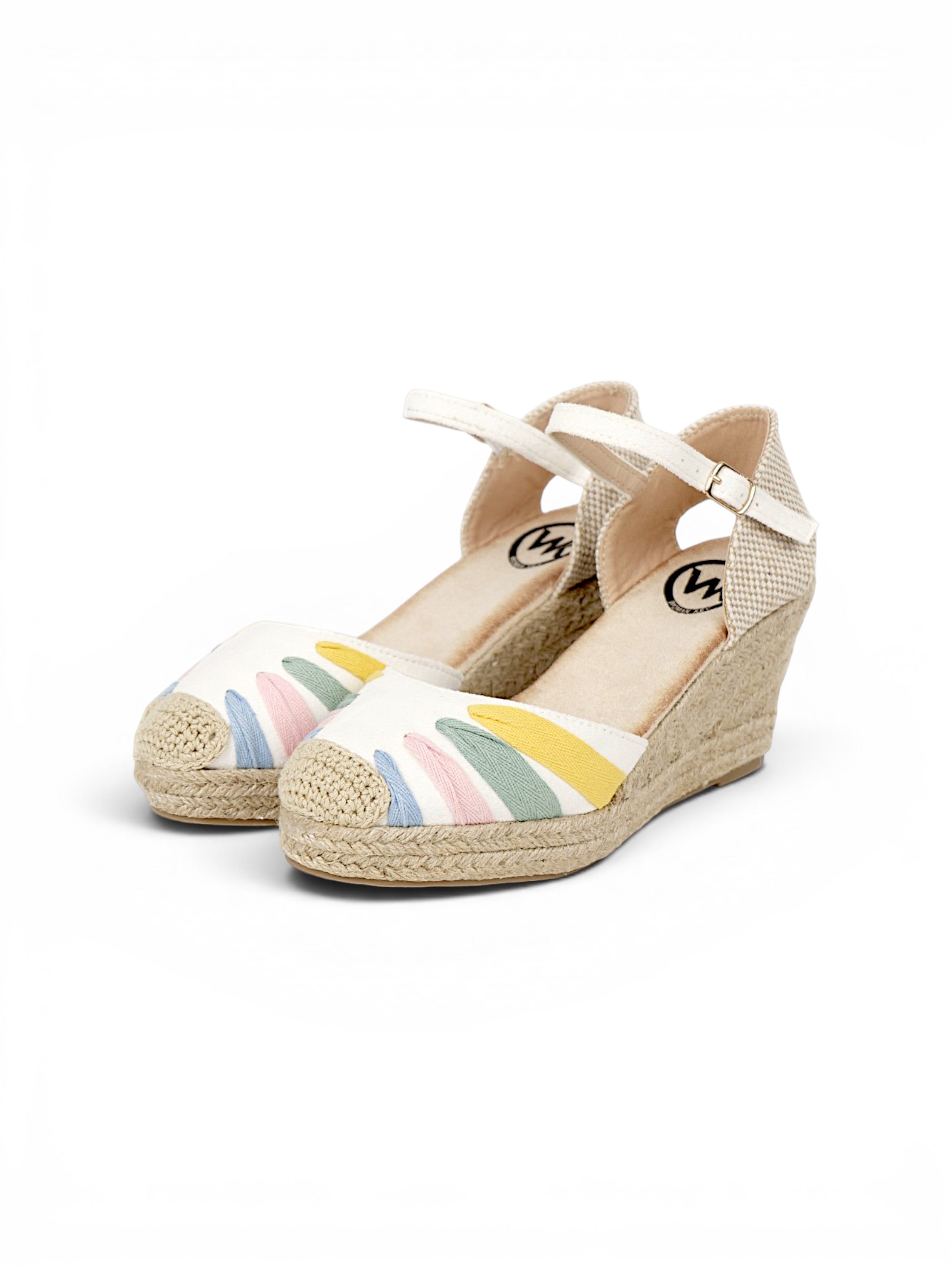 Alpargatas cuña mujer con pulsera al tobillo y punta cerrada, sandalias plataforma tipo esparto bordadas multicolor, zapatos verano estilo espadrille con cuña media en beige