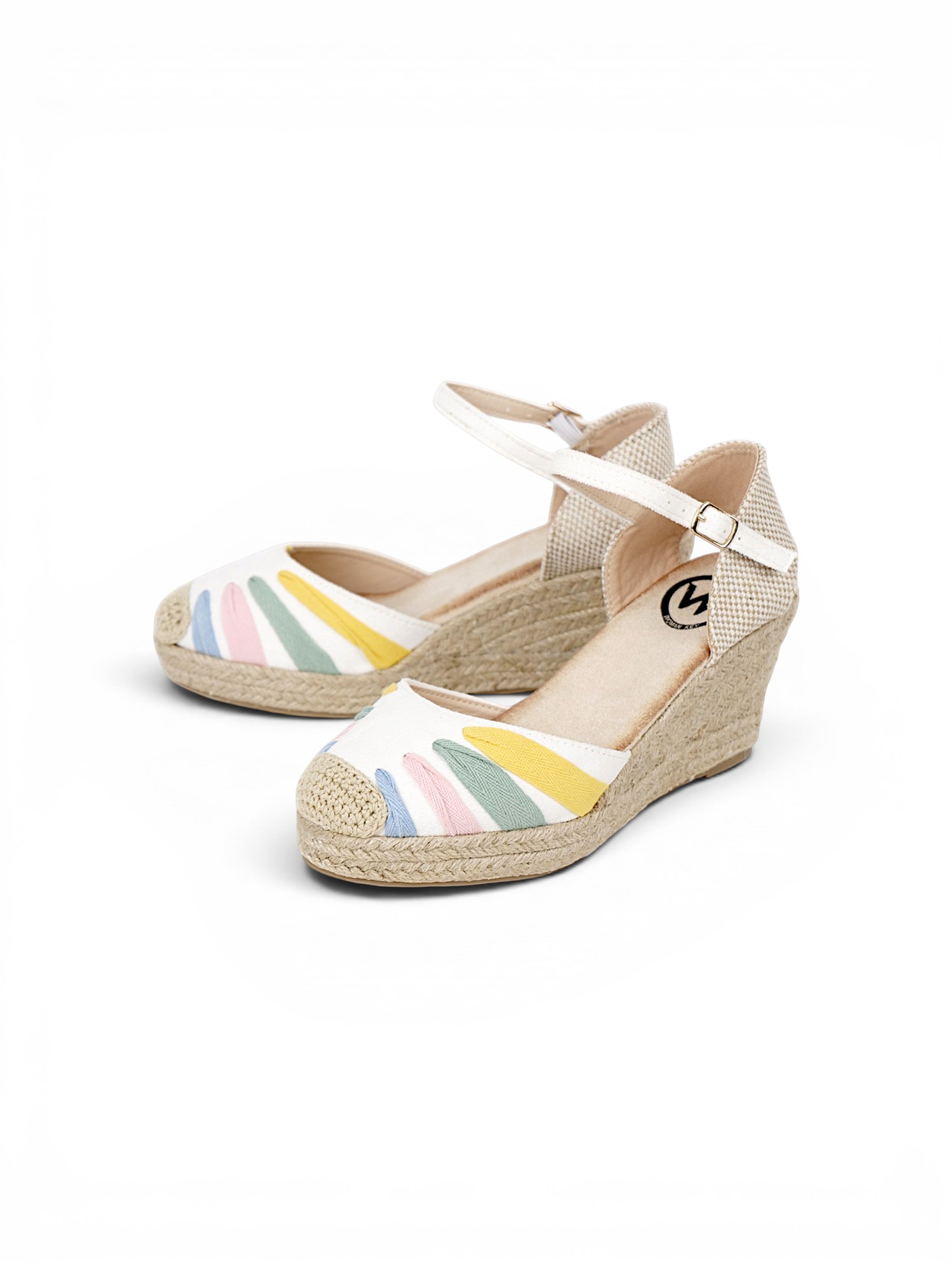 Alpargatas cuña mujer con pulsera al tobillo y punta cerrada, sandalias plataforma tipo esparto bordadas multicolor, zapatos verano estilo espadrille con cuña media en beige