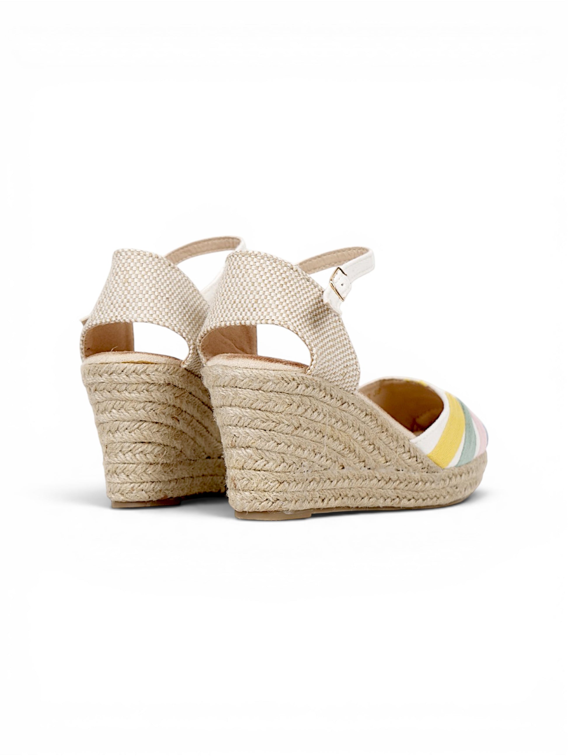 Alpargatas cuña mujer con pulsera al tobillo y punta cerrada, sandalias plataforma tipo esparto bordadas multicolor, zapatos verano estilo espadrille con cuña media en beige