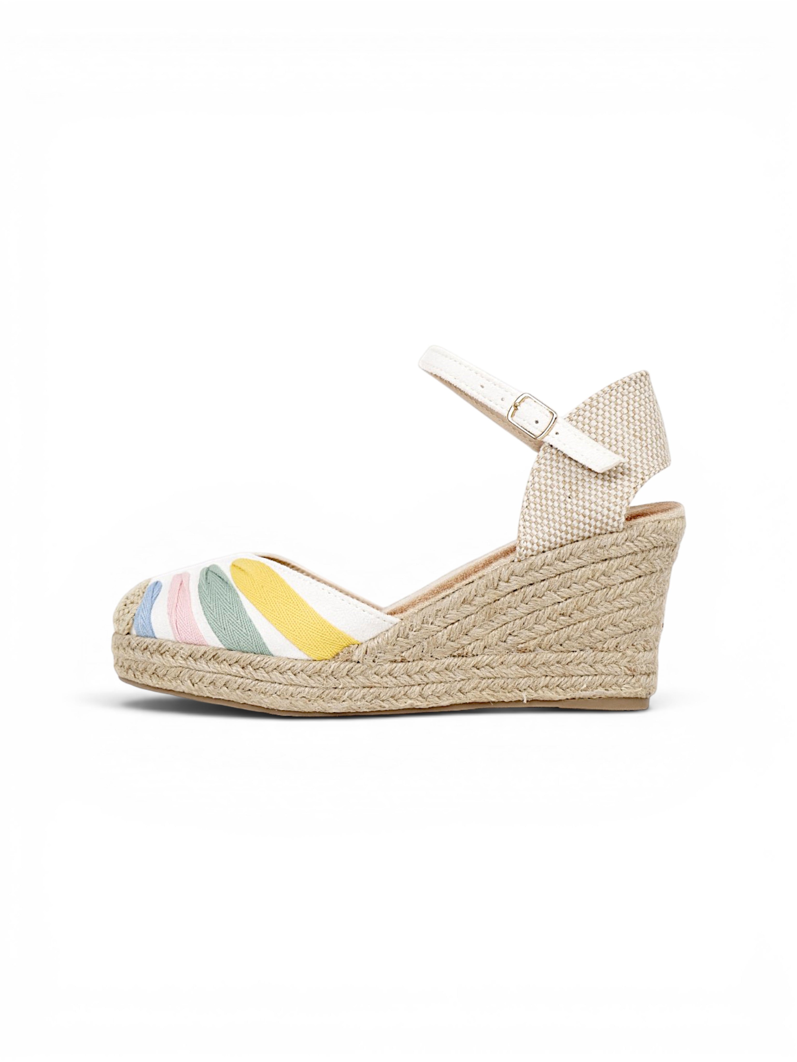 Alpargatas cuña mujer con pulsera al tobillo y punta cerrada, sandalias plataforma tipo esparto bordadas multicolor, zapatos verano estilo espadrille con cuña media en beige