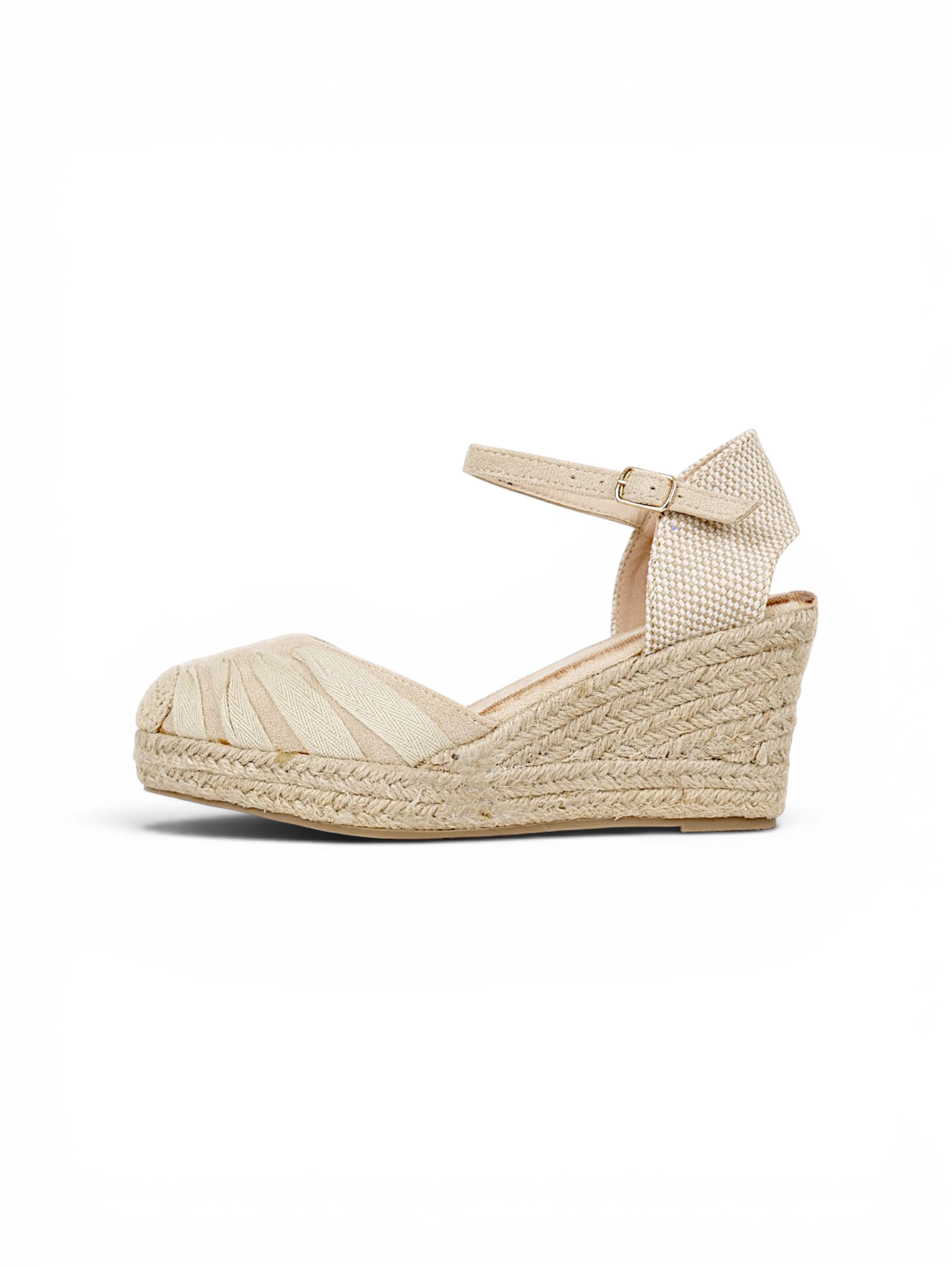 Alpargatas cuña mujer con pulsera al tobillo y punta cerrada, sandalias plataforma tipo esparto bordadas multicolor, zapatos verano estilo espadrille con cuña media en beige
