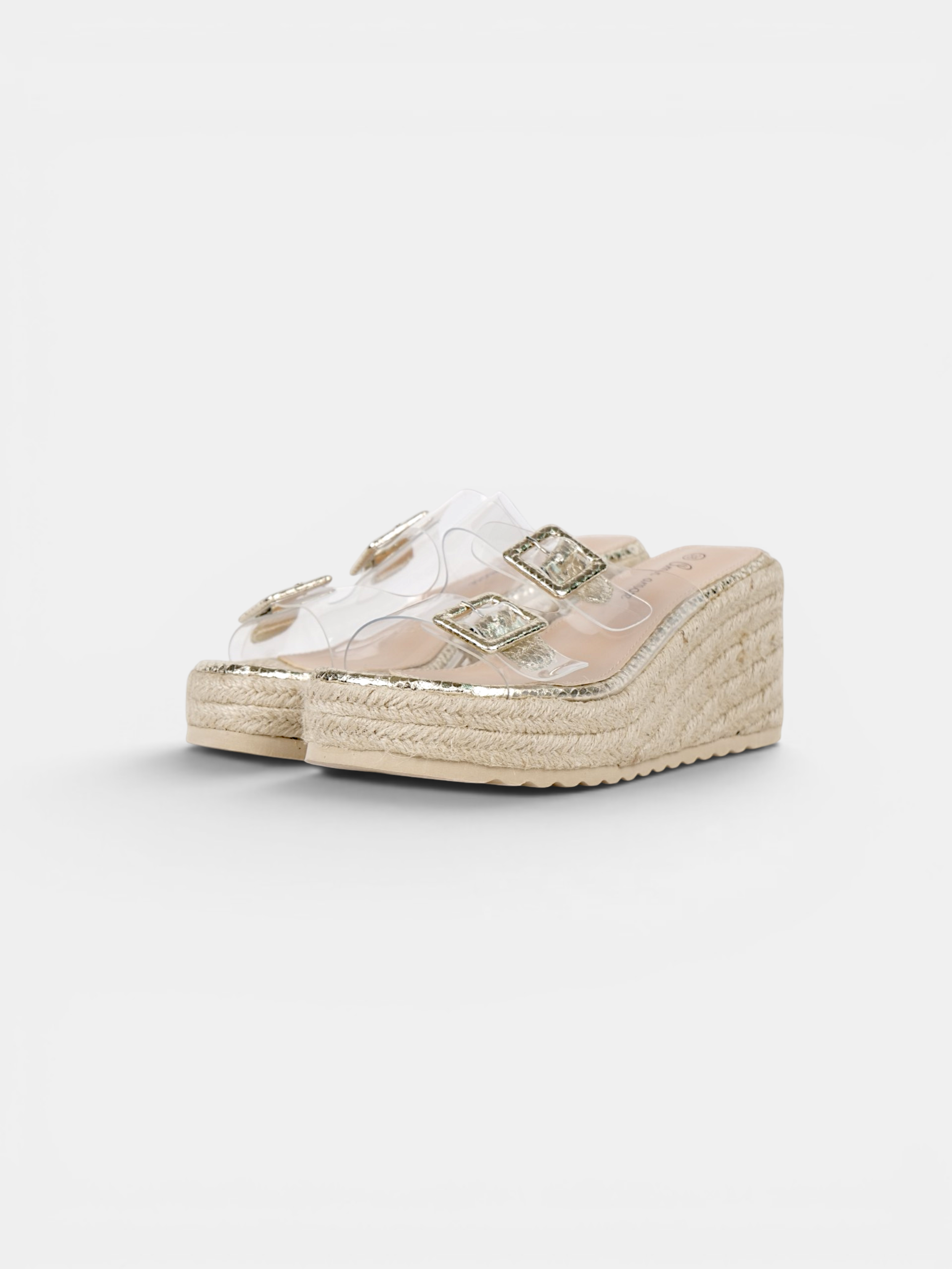 Sandalias de Cuña Mujer con Tiras Transparentes y Hebillas Decorativas, Plataforma de Yute, Cuña Media, Color Negro, Plata y Dorado para Verano, Vacaciones y Uso Diario