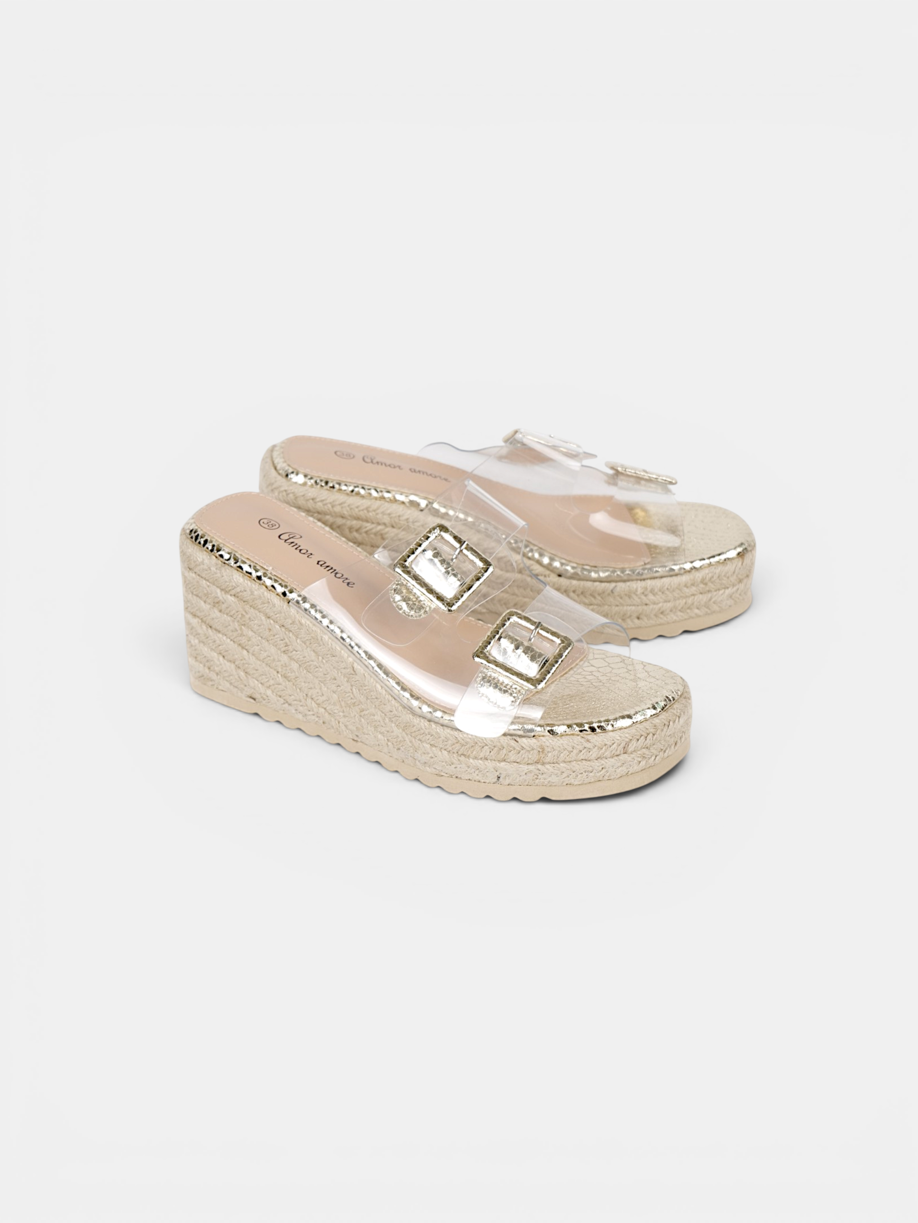 Sandalias de Cuña Mujer con Tiras Transparentes y Hebillas Decorativas, Plataforma de Yute, Cuña Media, Color Negro, Plata y Dorado para Verano, Vacaciones y Uso Diario