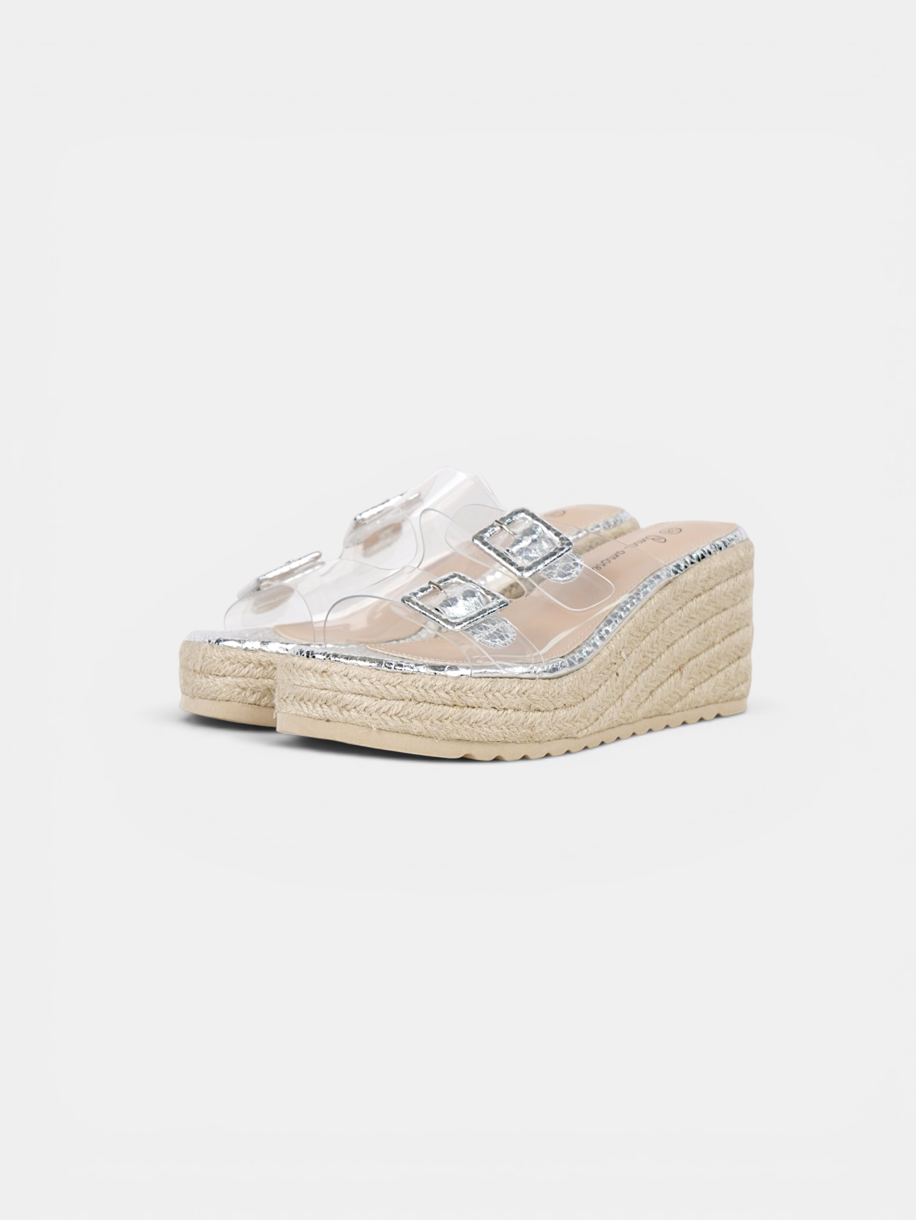 Sandalias de Cuña Mujer con Tiras Transparentes y Hebillas Decorativas, Plataforma de Yute, Cuña Media, Color Negro, Plata y Dorado para Verano, Vacaciones y Uso Diario