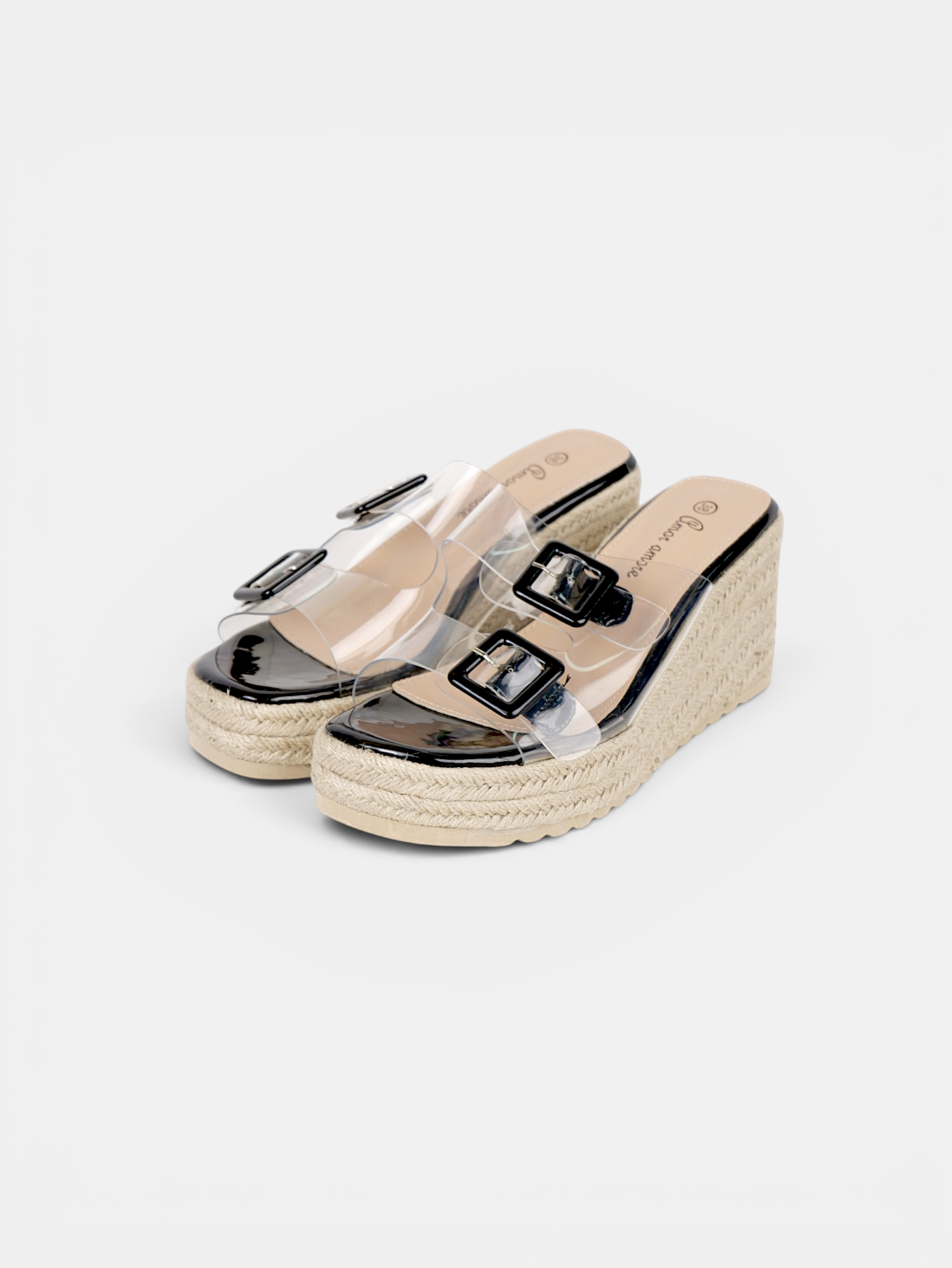 Sandalias de Cuña Mujer con Tiras Transparentes y Hebillas Decorativas, Plataforma de Yute, Cuña Media, Color Negro, Plata y Dorado para Verano, Vacaciones y Uso Diario