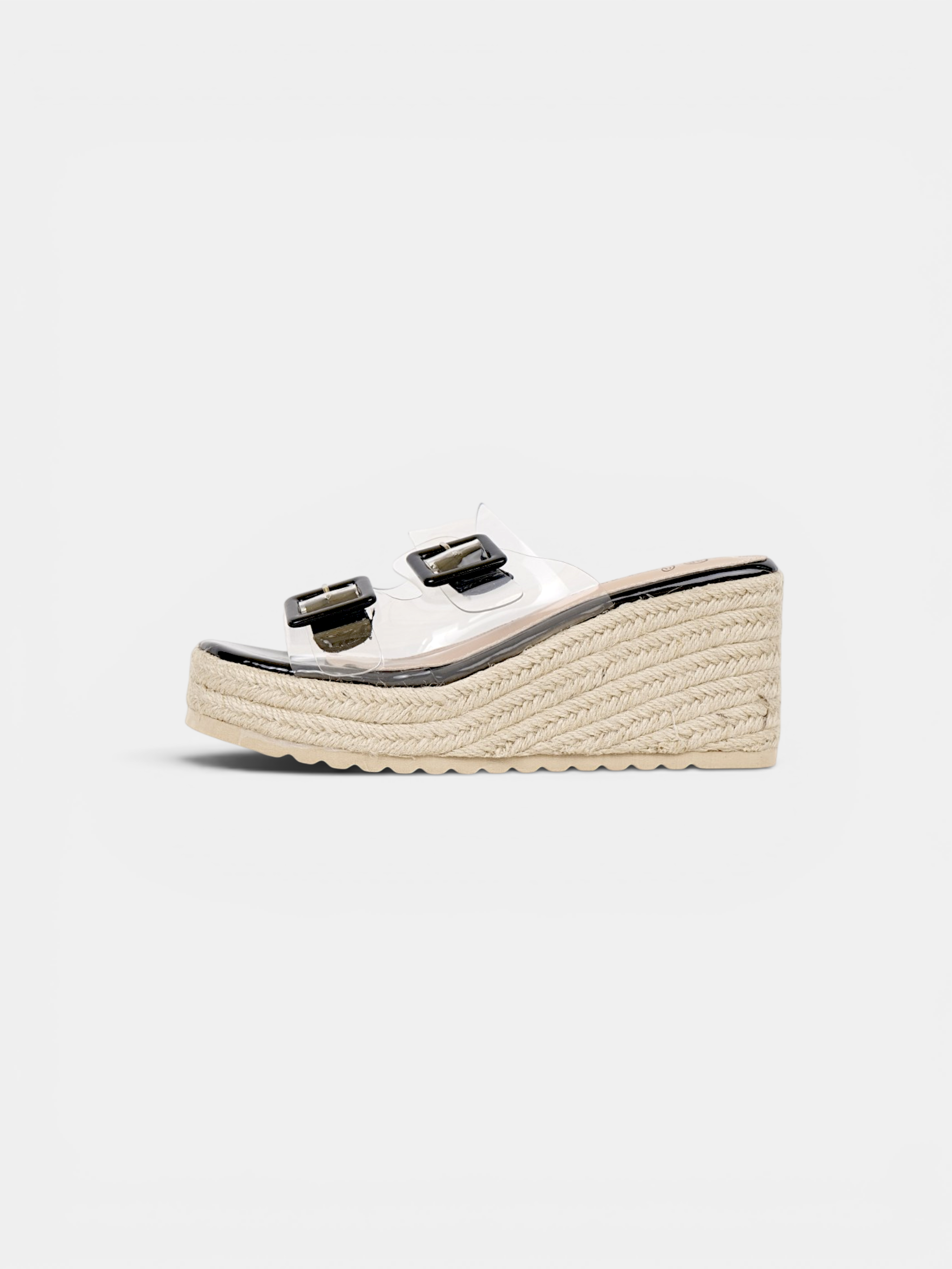 Sandalias de Cuña Mujer con Tiras Transparentes y Hebillas Decorativas, Plataforma de Yute, Cuña Media, Color Negro, Plata y Dorado para Verano, Vacaciones y Uso Diario