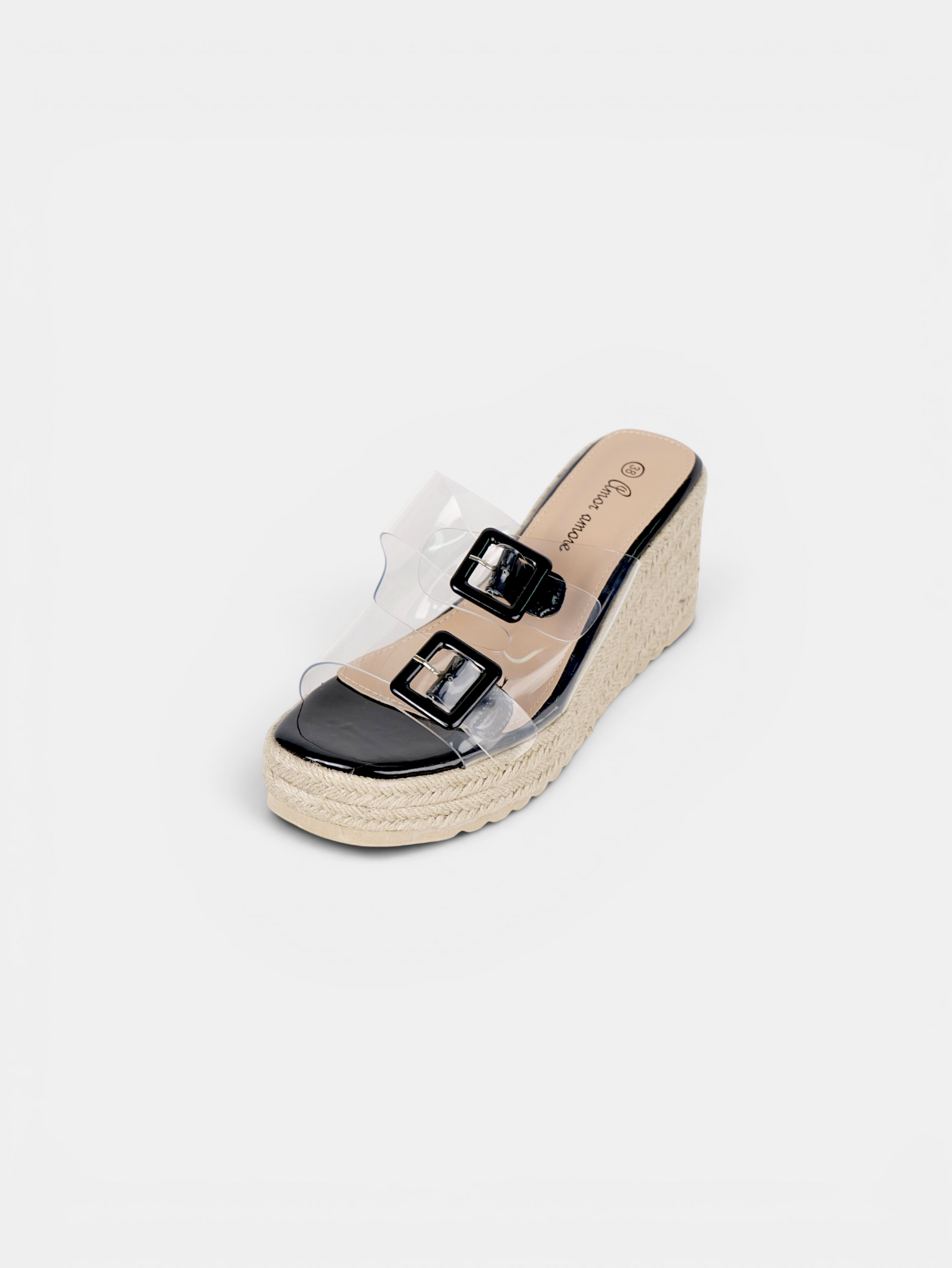Sandalias de Cuña Mujer con Tiras Transparentes y Hebillas Decorativas, Plataforma de Yute, Cuña Media, Color Negro, Plata y Dorado para Verano, Vacaciones y Uso Diario