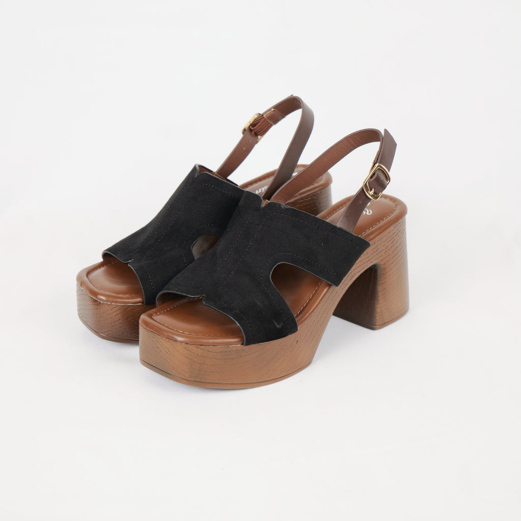 Sandalias de plataforma con tacón ancho y acabado efecto madera en gamuza sintética negra y marrón, sandalias retro casuales para verano, vacaciones y salidas, ideales para combinar con jeans, vestidos midi, faldas y outfits boho chic