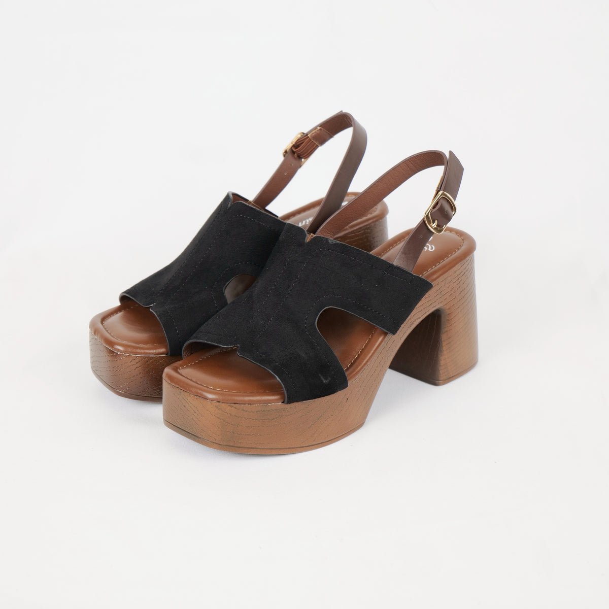 Sandalias de plataforma con tacón ancho y acabado efecto madera en gamuza sintética negra y marrón, sandalias retro casuales para verano, vacaciones y salidas, ideales para combinar con jeans, vestidos midi, faldas y outfits boho chic