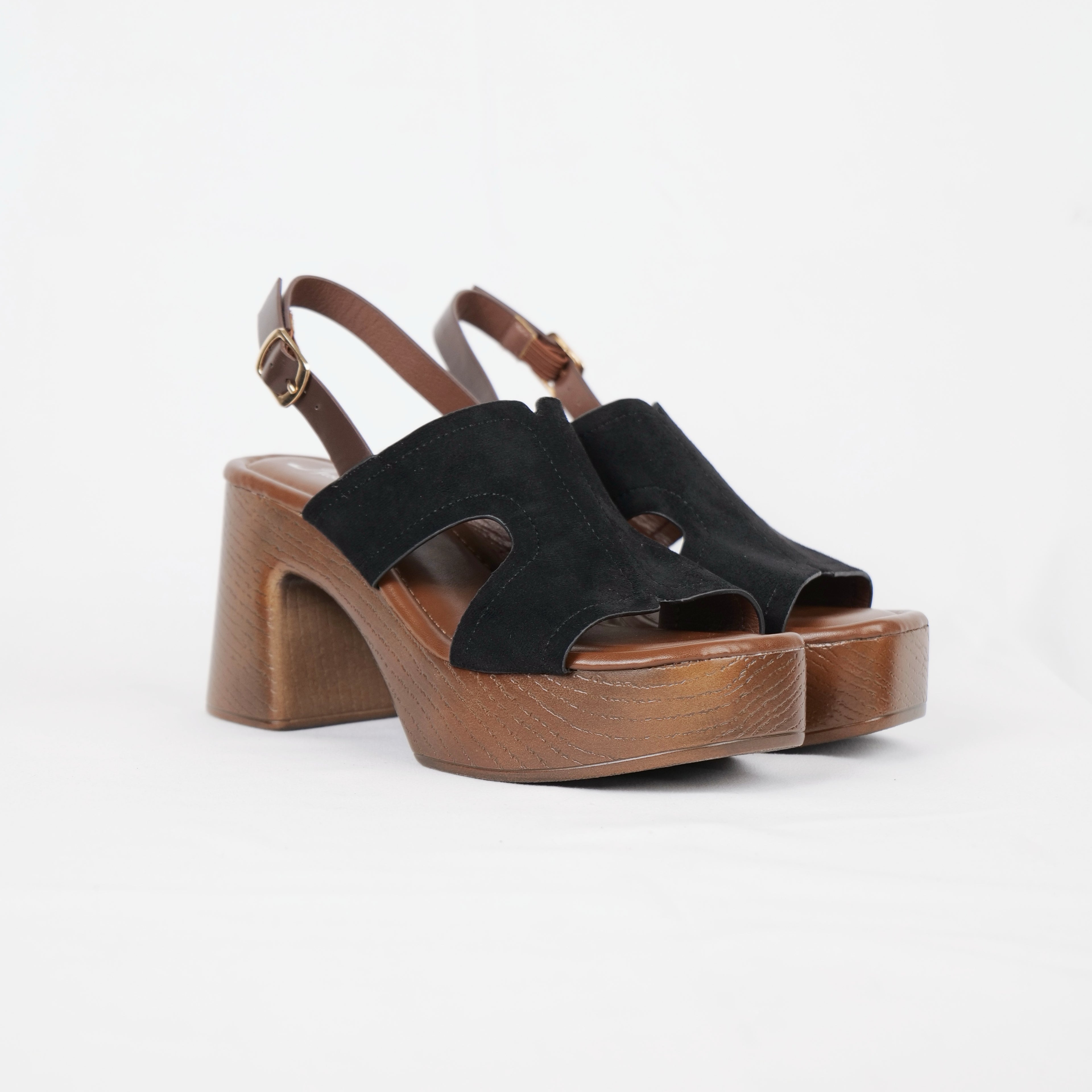 Sandalias de plataforma con tacón ancho y acabado efecto madera en gamuza sintética negra y marrón, sandalias retro casuales para verano, vacaciones y salidas, ideales para combinar con jeans, vestidos midi, faldas y outfits boho chic