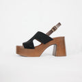 Sandalias de plataforma con tacón ancho y acabado efecto madera en gamuza sintética negra y marrón, sandalias retro casuales para verano, vacaciones y salidas, ideales para combinar con jeans, vestidos midi, faldas y outfits boho chic