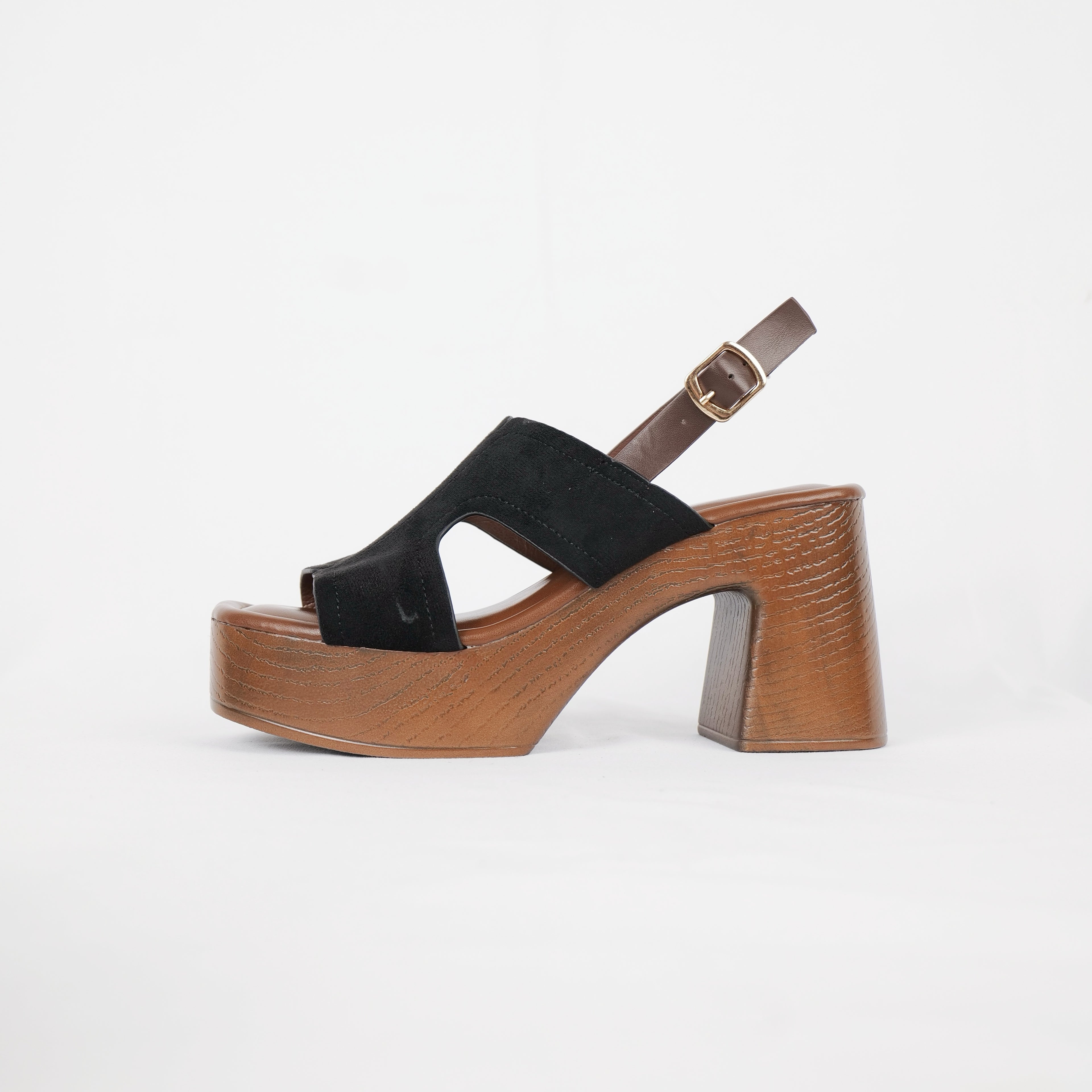 Sandalias de plataforma con tacón ancho y acabado efecto madera en gamuza sintética negra y marrón, sandalias retro casuales para verano, vacaciones y salidas, ideales para combinar con jeans, vestidos midi, faldas y outfits boho chic