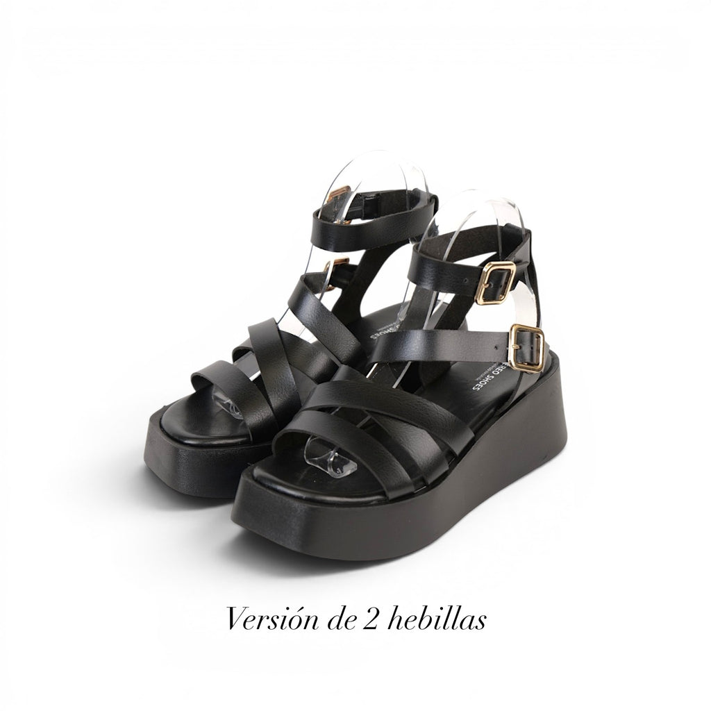Sandalias Romanas con Plataforma alta para mujer en negro con tiras múltiples y hebillas metálicas, zapatos abiertos cómodos estilo casual urbano