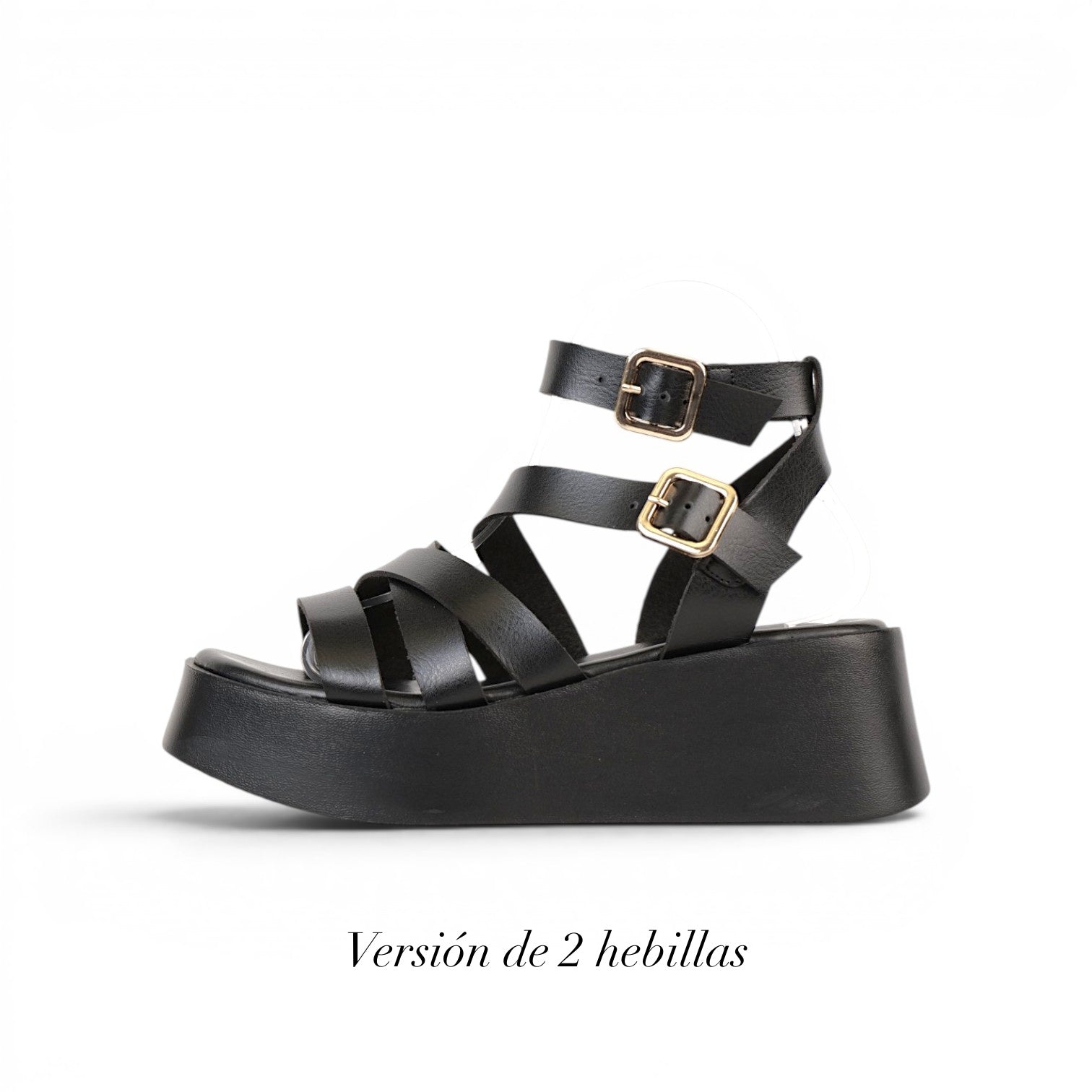 Sandalias Romanas con Plataforma alta para mujer en negro con tiras múltiples y hebillas metálicas, zapatos abiertos cómodos estilo casual urbano
