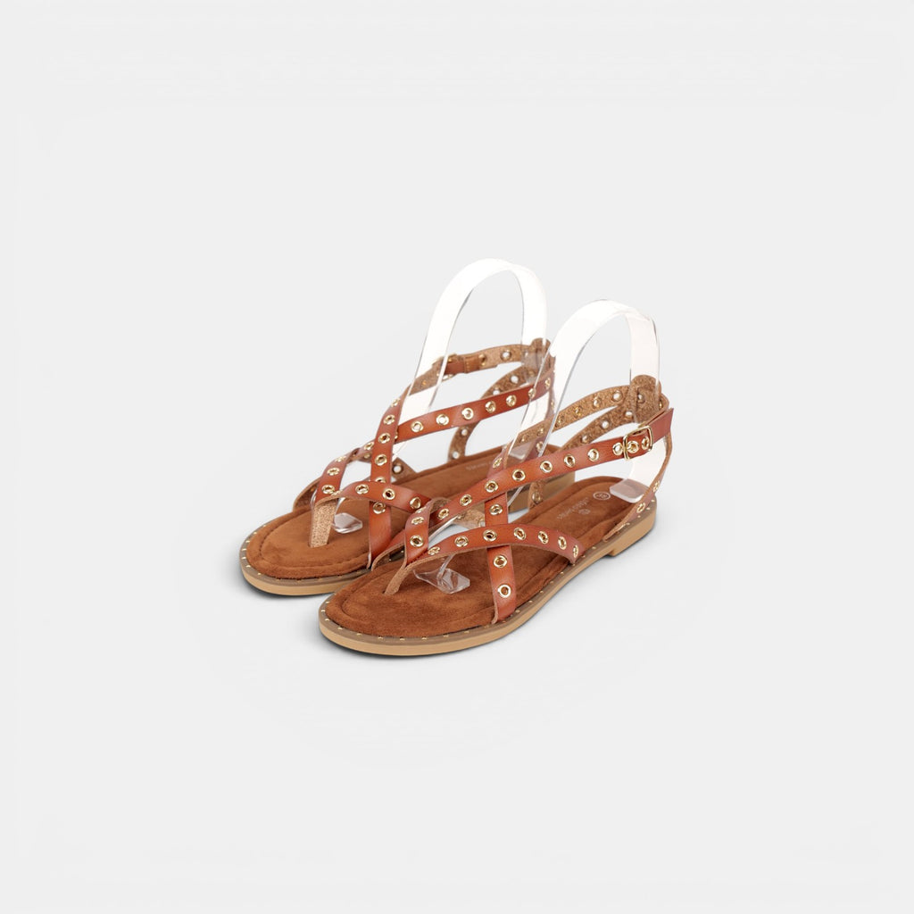Sandalias Romanas con Tachuelas - Suela flexible y plantilla acolchada - Tachuelas doradas y tiras cruzadas para mujer, estilo casual elegante para verano, ideales para combinar con vestidos largos, faldas boho y looks de vacaciones