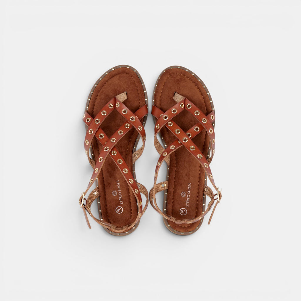 Sandalias Romanas con Tachuelas - Suela flexible y plantilla acolchada - Tachuelas doradas y tiras cruzadas para mujer, estilo casual elegante para verano, ideales para combinar con vestidos largos, faldas boho y looks de vacaciones