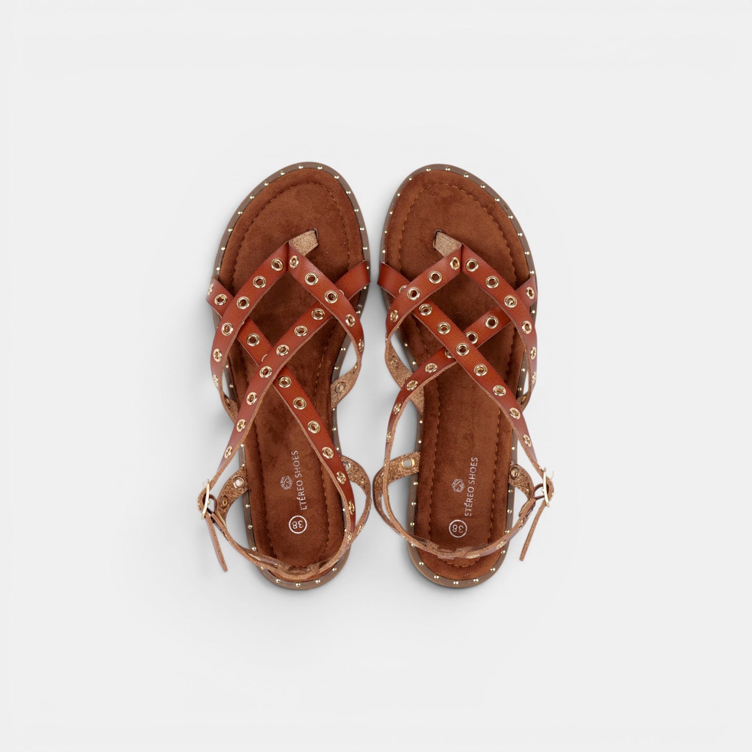 Sandalias Romanas con Tachuelas - Suela flexible y plantilla acolchada - Tachuelas doradas y tiras cruzadas para mujer, estilo casual elegante para verano, ideales para combinar con vestidos largos, faldas boho y looks de vacaciones