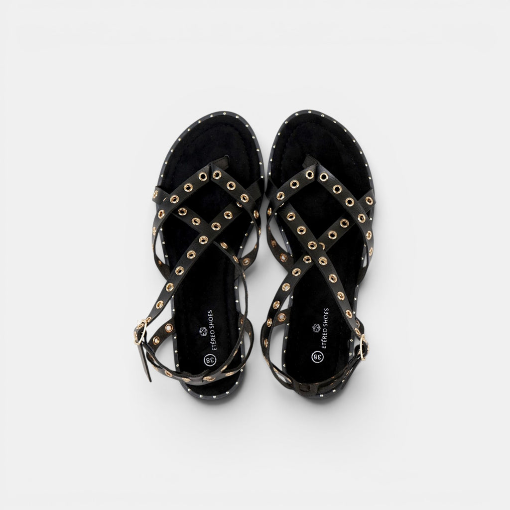 Sandalias Romanas con Tachuelas - Suela flexible y plantilla acolchada - Tachuelas doradas y tiras cruzadas para mujer, estilo casual elegante para verano, ideales para combinar con vestidos largos, faldas boho y looks de vacaciones
