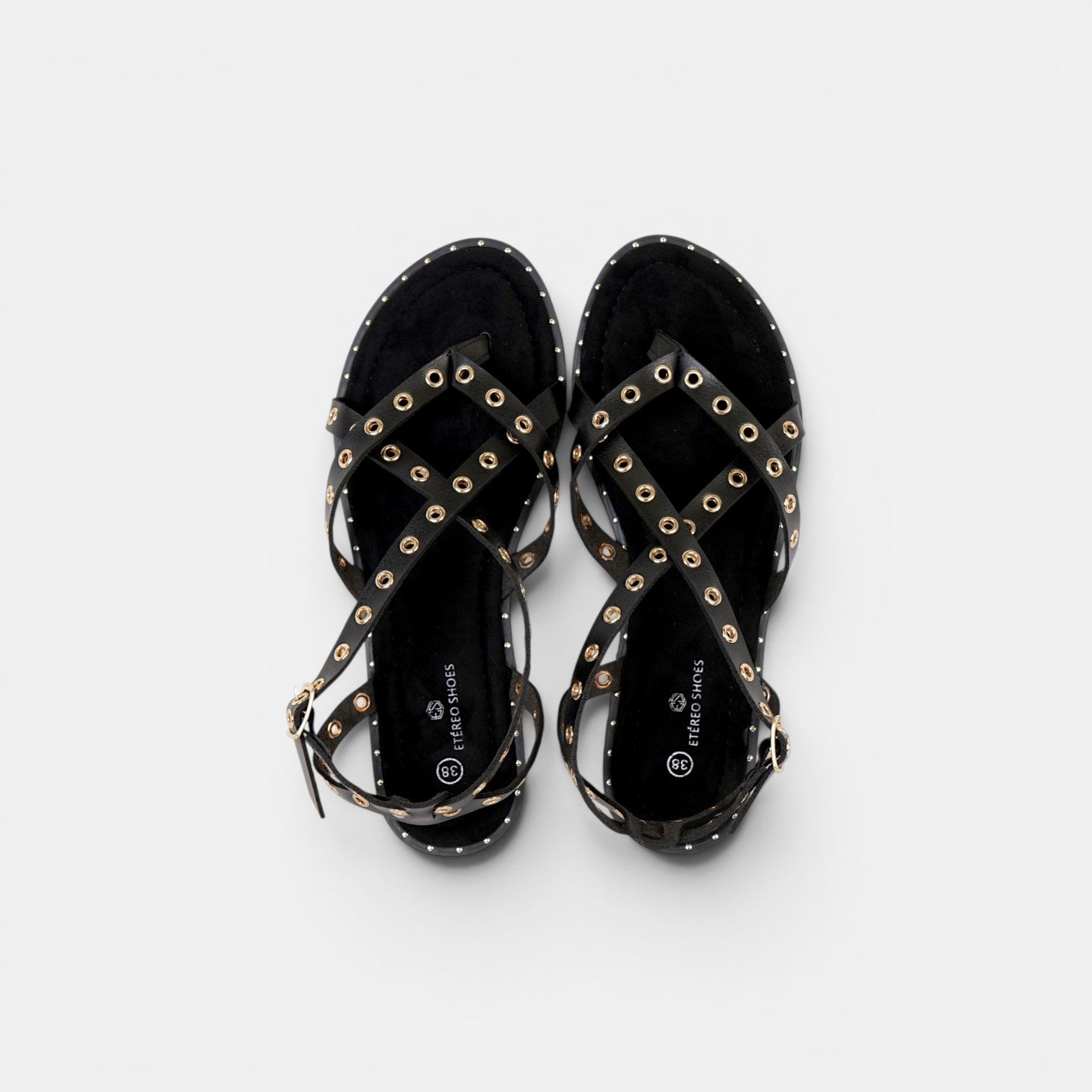 Sandalias Romanas con Tachuelas - Suela flexible y plantilla acolchada - Tachuelas doradas y tiras cruzadas para mujer, estilo casual elegante para verano, ideales para combinar con vestidos largos, faldas boho y looks de vacaciones