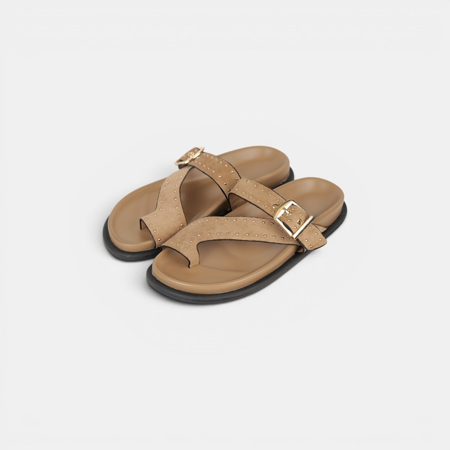 Sandalias planas para mujer con hebilla dorada y tachuelas, chanclas elegantes efecto ante en negro, camel y marrón chocolate
