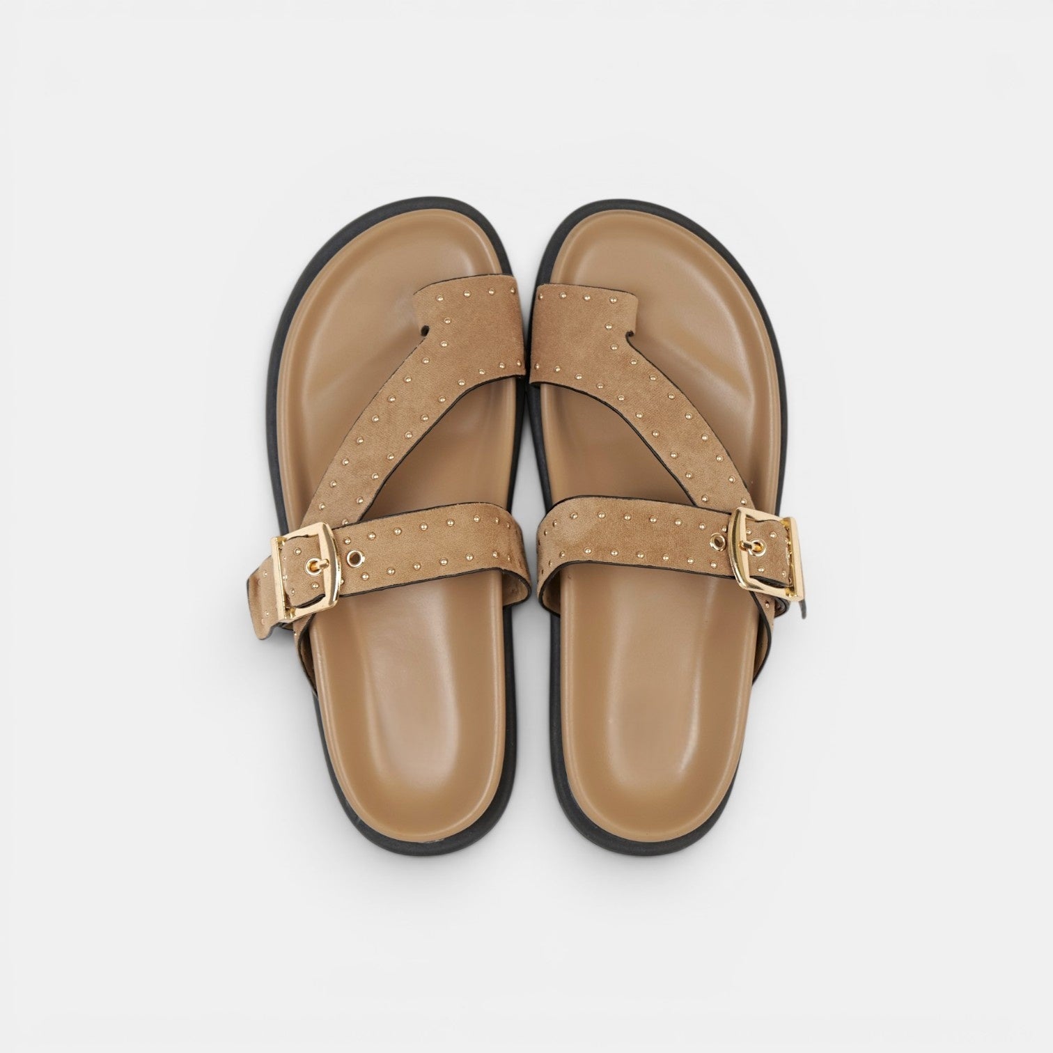 Sandalias planas para mujer con hebilla dorada y tachuelas, chanclas elegantes efecto ante en negro, camel y marrón chocolate