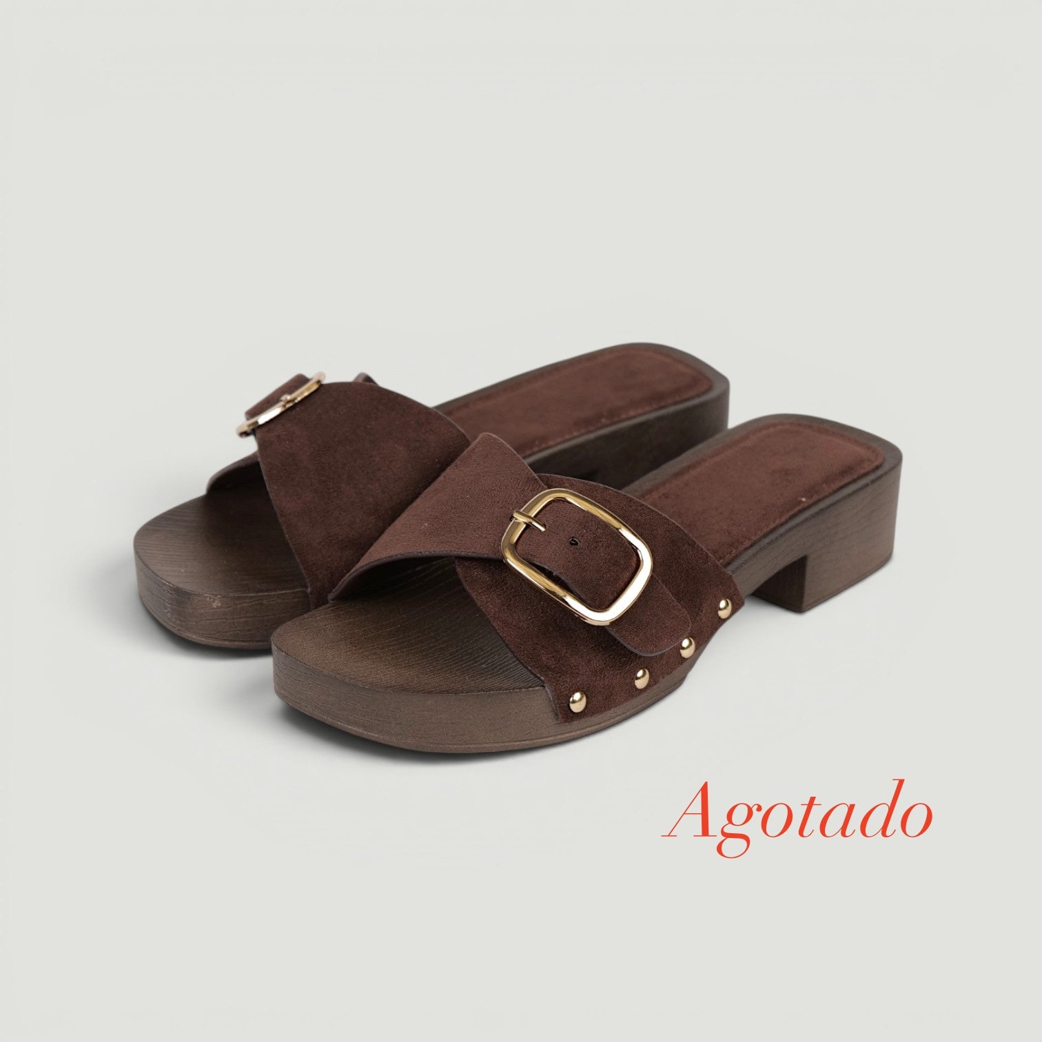 Zuecos Abiertos Tacón Bajo con Hebilla , Zuecos de mujer con acabado efecto gamuza sintética y detalle de hebilla metálica, sandalias cómodas de tacón ancho bajo ideales para verano y looks casuales
