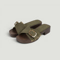 Zuecos Abiertos Tacón Bajo con Hebilla , Zuecos de mujer con acabado efecto gamuza sintética y detalle de hebilla metálica, sandalias cómodas de tacón ancho bajo ideales para verano y looks casuales