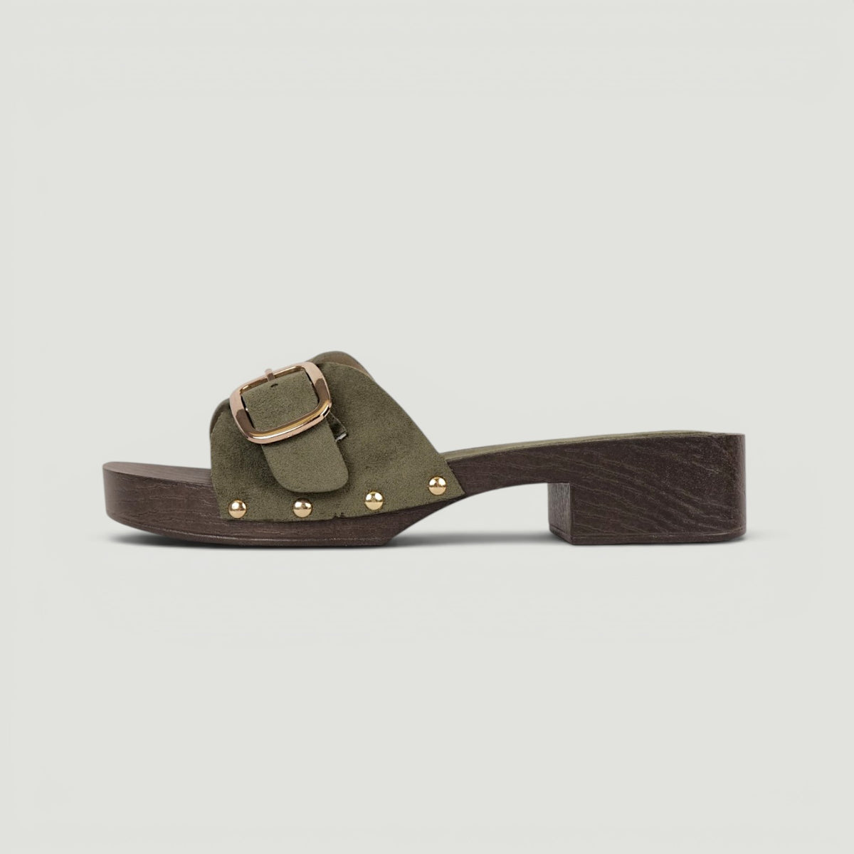 Zuecos Abiertos Tacón Bajo con Hebilla , Zuecos de mujer con acabado efecto gamuza sintética y detalle de hebilla metálica, sandalias cómodas de tacón ancho bajo ideales para verano y looks casuales
