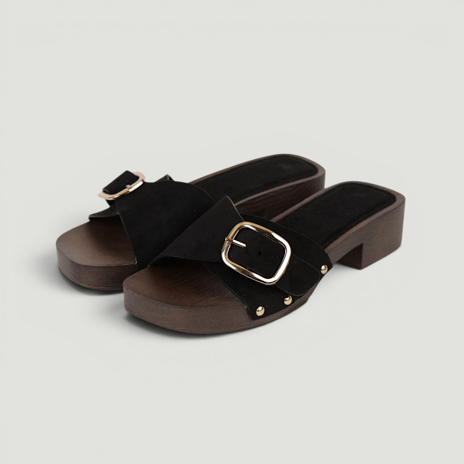 Zuecos Abiertos Tacón Bajo con Hebilla , Zuecos de mujer con acabado efecto gamuza sintética y detalle de hebilla metálica, sandalias cómodas de tacón ancho bajo ideales para verano y looks casuales