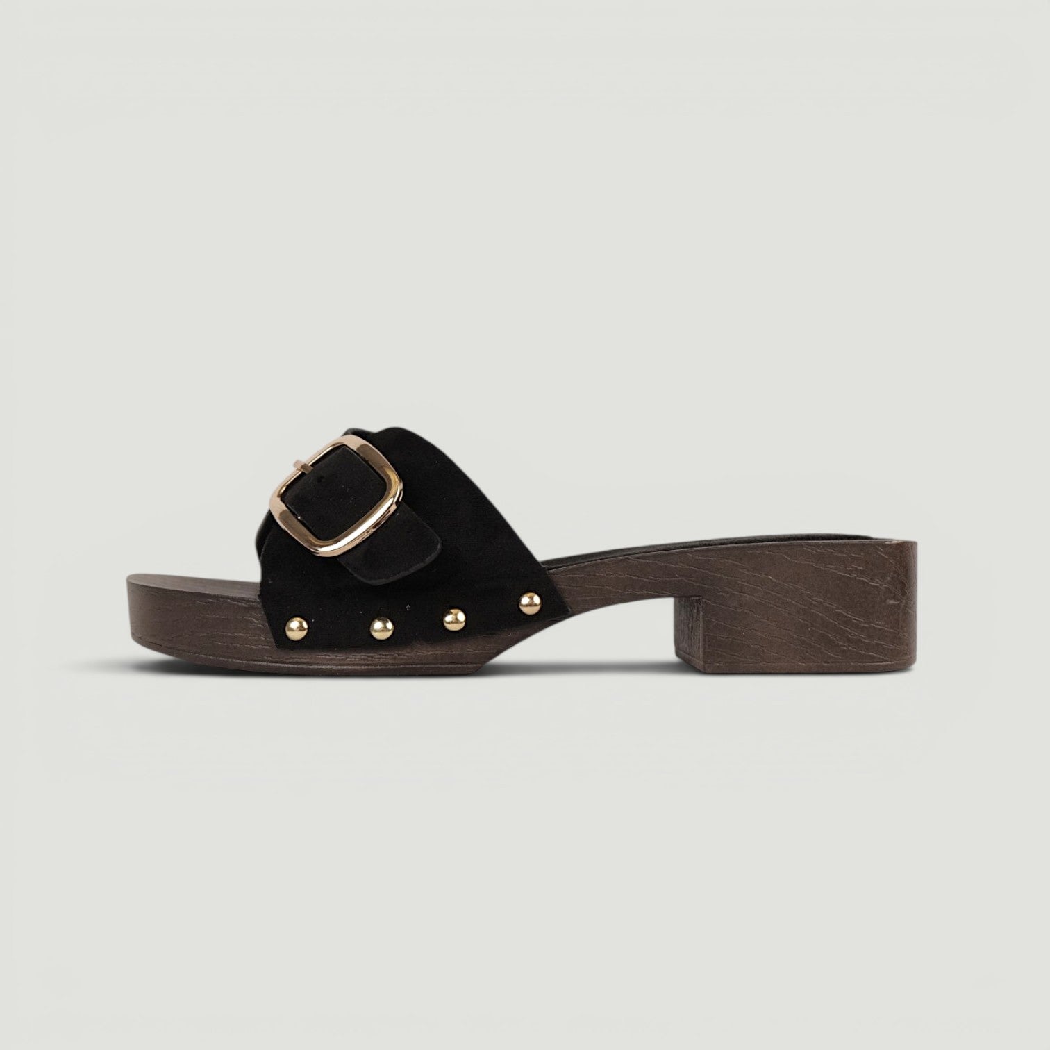 Zuecos Abiertos Tacón Bajo con Hebilla , Zuecos de mujer con acabado efecto gamuza sintética y detalle de hebilla metálica, sandalias cómodas de tacón ancho bajo ideales para verano y looks casuales