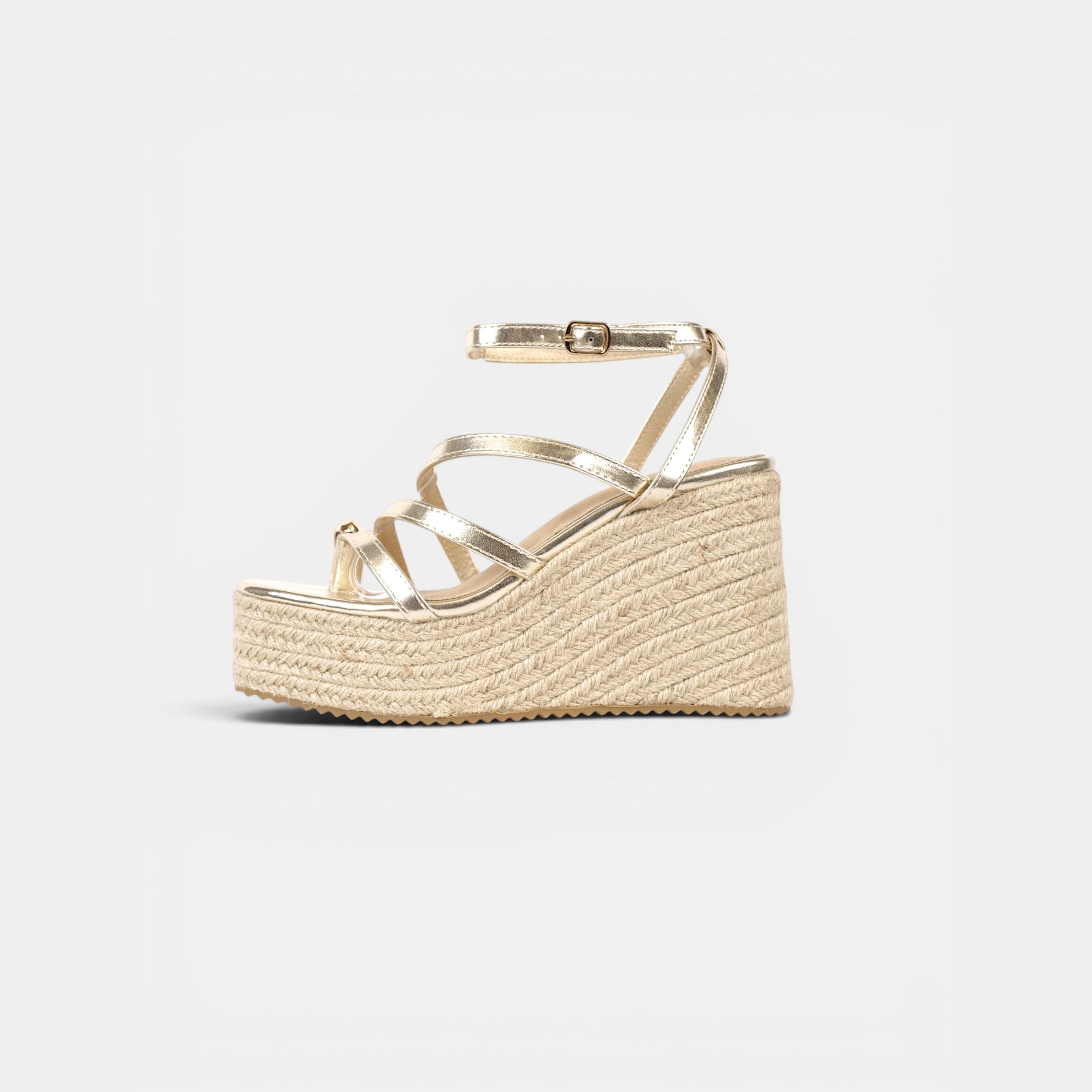 Sandalias de Cuña 10,5cm Anillo en el dedo, cuñas de esparto para mujer con plataforma de esparto y detalle dorado, sandalias elegantes de verano en negro, marrón, dorado y blanco