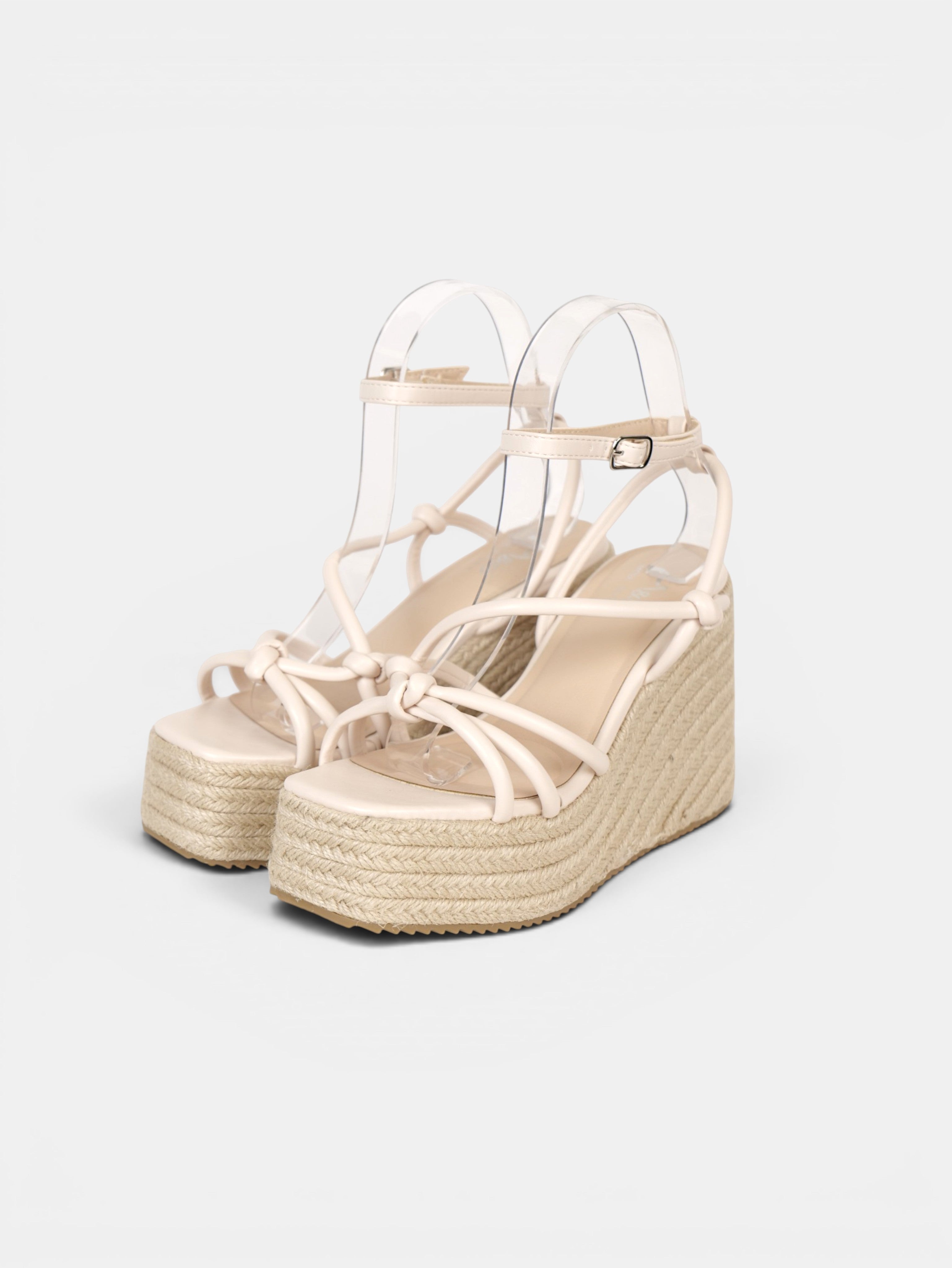 Sandalias de Cuña 11cm con Plataforma Alta Efecto Yute y Tiras con Nudos Decorativos, Sandalia con Pulsera Ajustable de Cuero Sintético para Verano, Fiesta, Vacaciones y Event