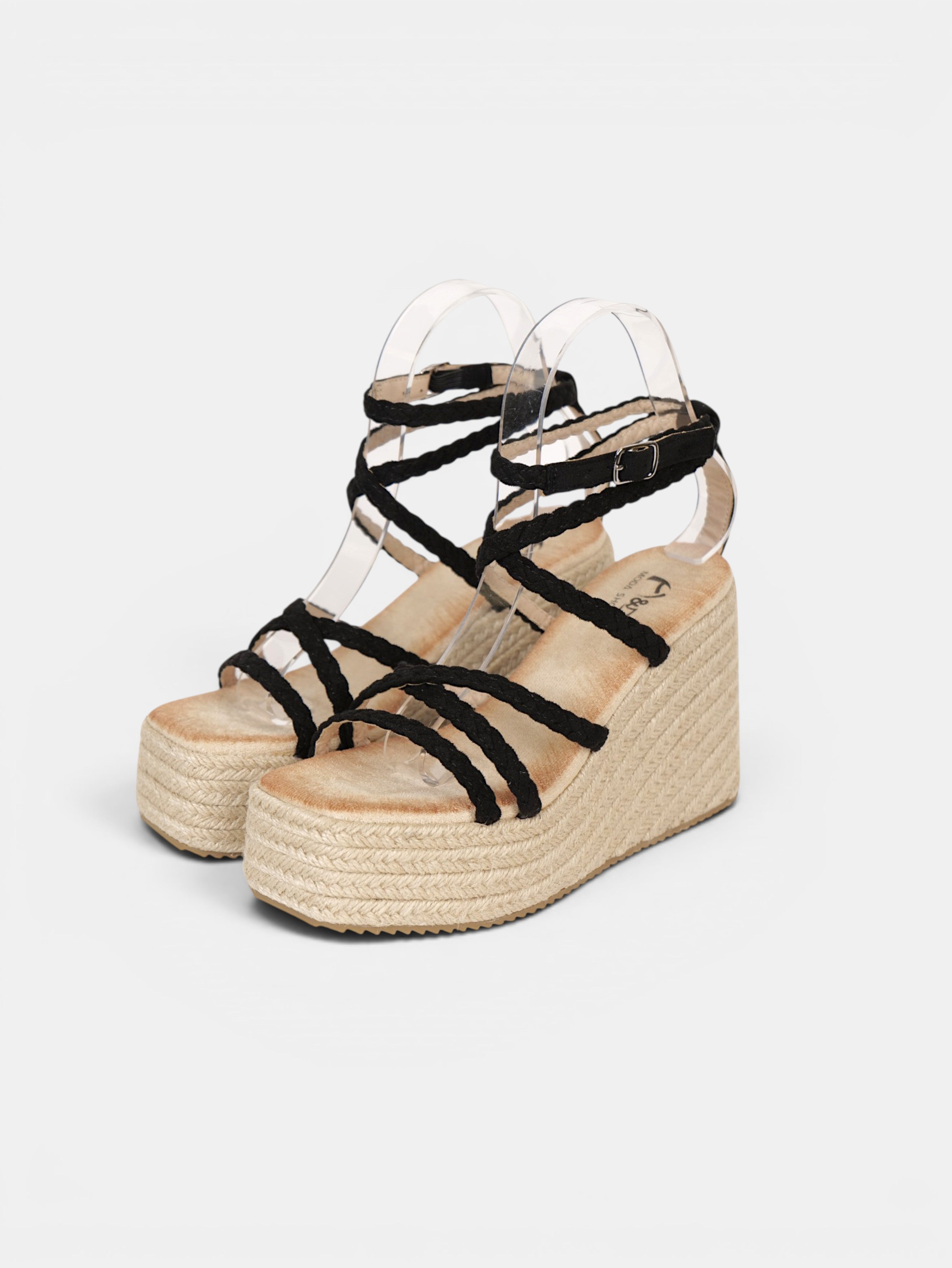 Sandalias de Cuña 11cm con Plataforma Alta Efecto Yute y Tiras con Nudos Decorativos, Sandalia con Pulsera Ajustable de Cuero Sintético para Verano, Fiesta, Vacaciones y Event