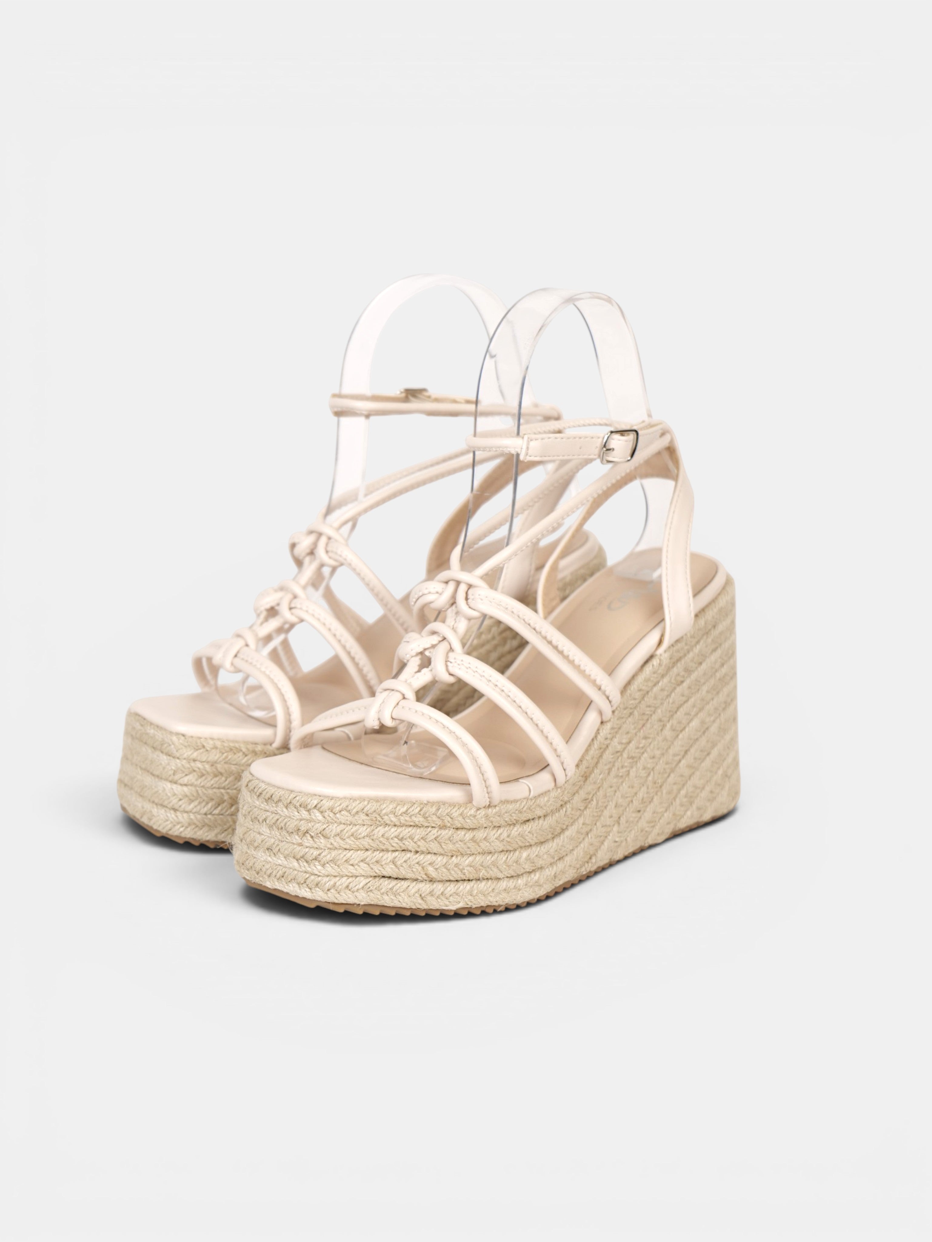 Sandalias de Cuña 11cm con Plataforma Alta Efecto Yute y Tiras con Nudos Decorativos, Sandalia con Pulsera Ajustable de Cuero Sintético para Verano, Fiesta, Vacaciones y Event