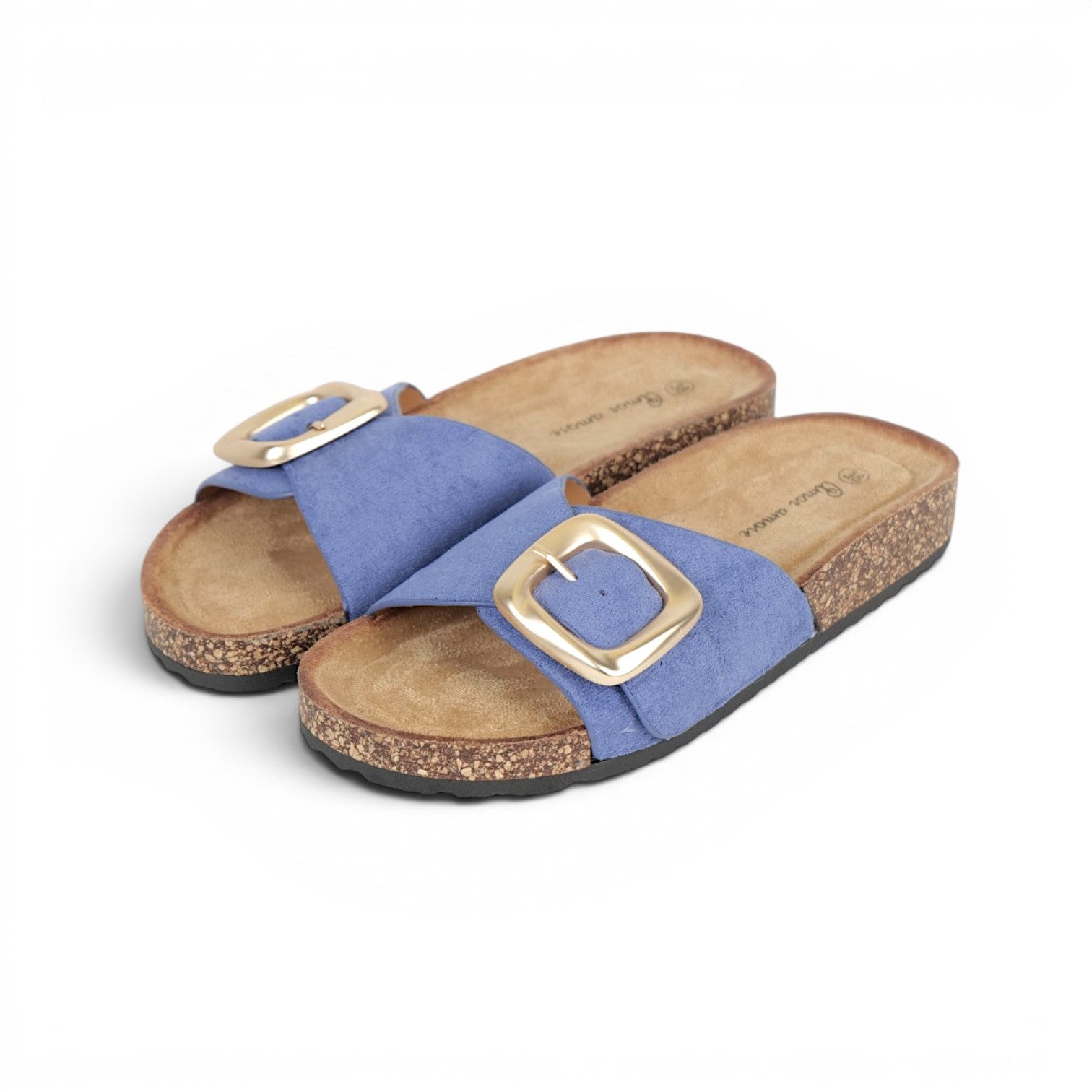 Sandalias planas de tira efecto ante para mujer con hebilla grande dorada mate, sandalias confort con plantilla suave y cómoda, sandalias casual verano de suela corcho sintético en marrón chocolate, beige, negro y blanco