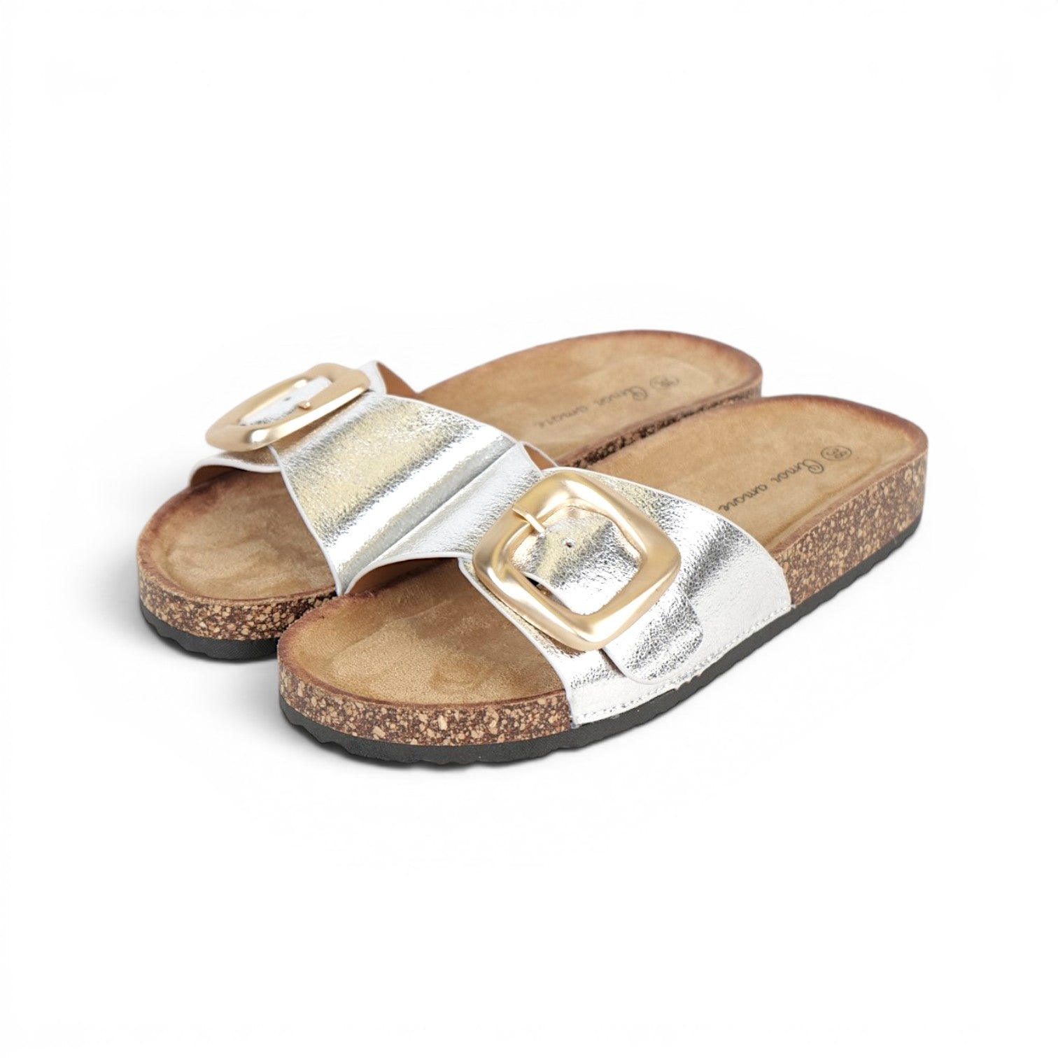 Sandalias planas de tira efecto ante para mujer con hebilla grande dorada mate, sandalias confort con plantilla suave y cómoda, sandalias casual verano de suela corcho sintético en marrón chocolate, beige, negro y blanco