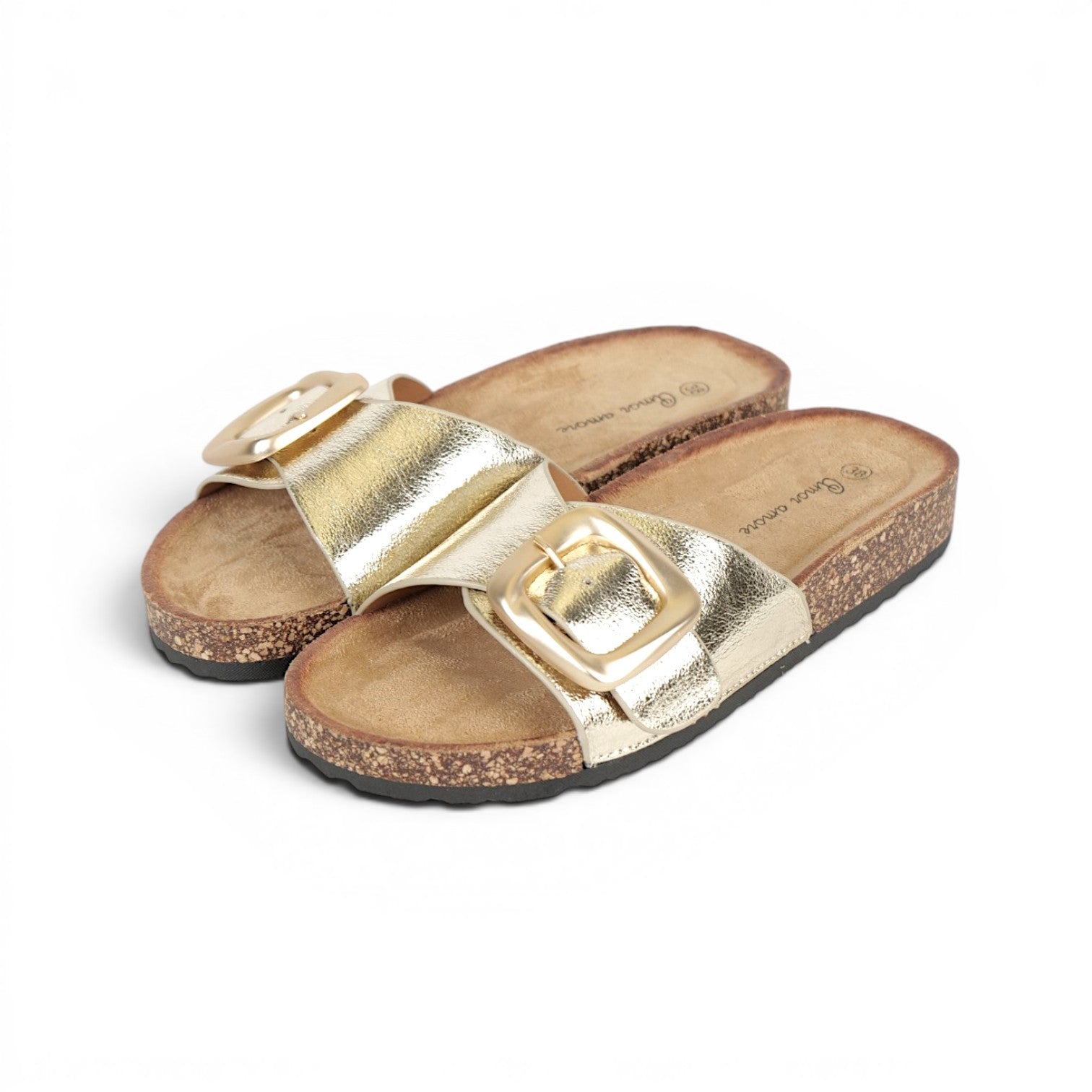 Sandalias planas de tira efecto ante para mujer con hebilla grande dorada mate, sandalias confort con plantilla suave y cómoda, sandalias casual verano de suela corcho sintético en marrón chocolate, beige, negro y blanco