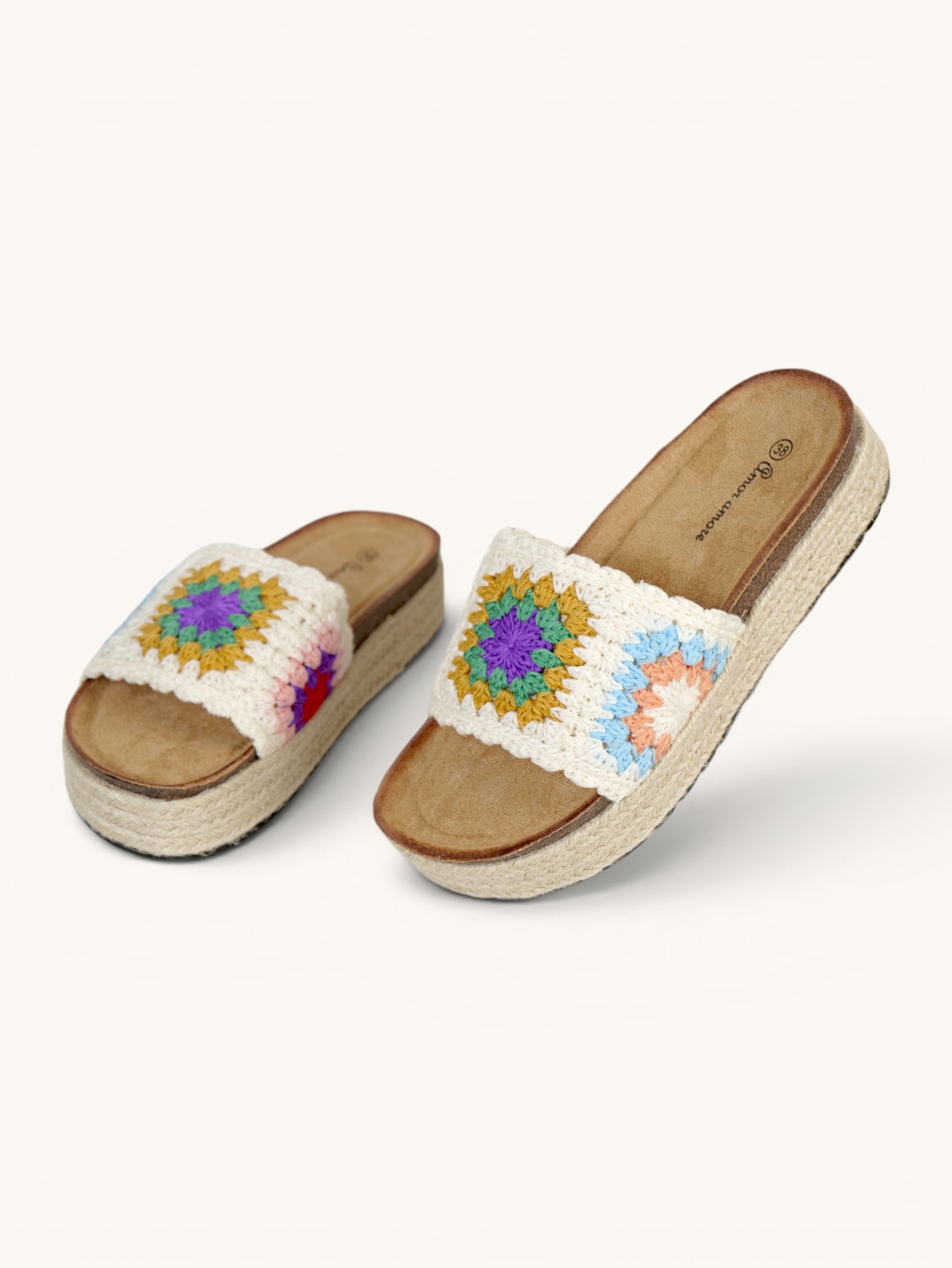 Sandalias Bio con Plataforma y Doble Hebilla de Velcro, Hebilla con Tachuales, Tira Ancha de Crochet Floral