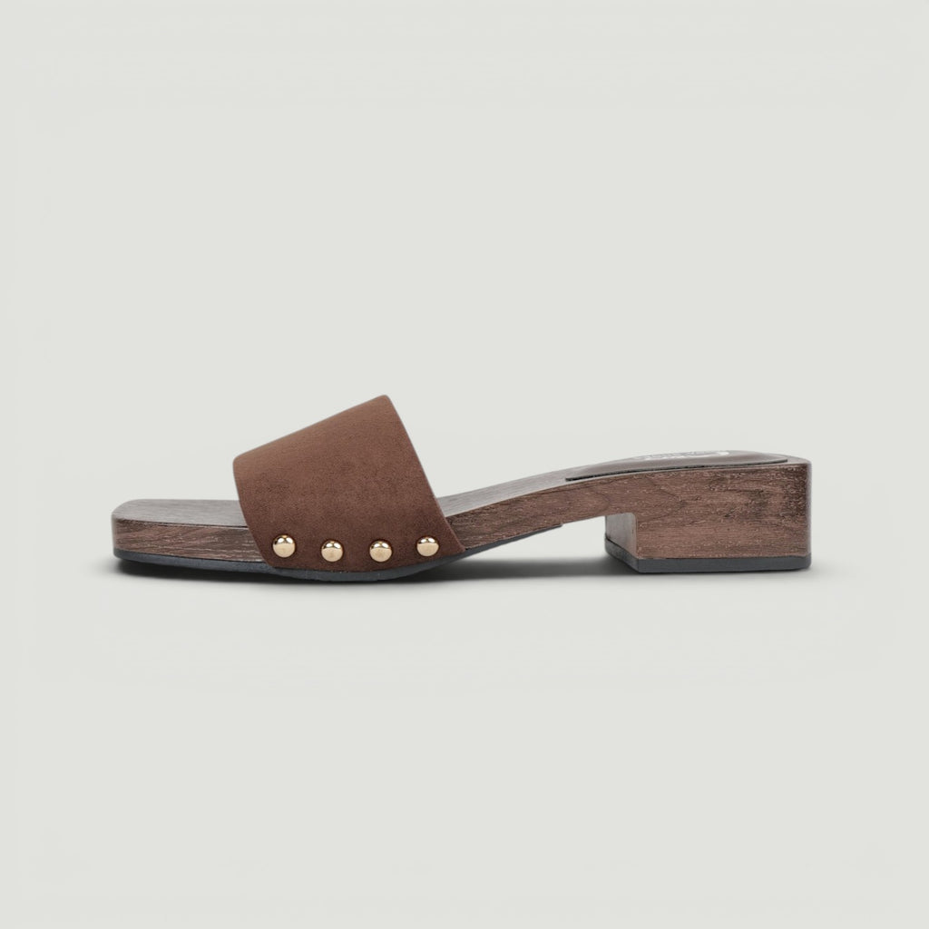 Zuecos Abiertos Tacón Bajo con Hebilla , Zuecos de mujer con acabado efecto gamuza sintética y detalle de hebilla metálica, sandalias cómodas de tacón ancho bajo ideales para verano y looks casuales