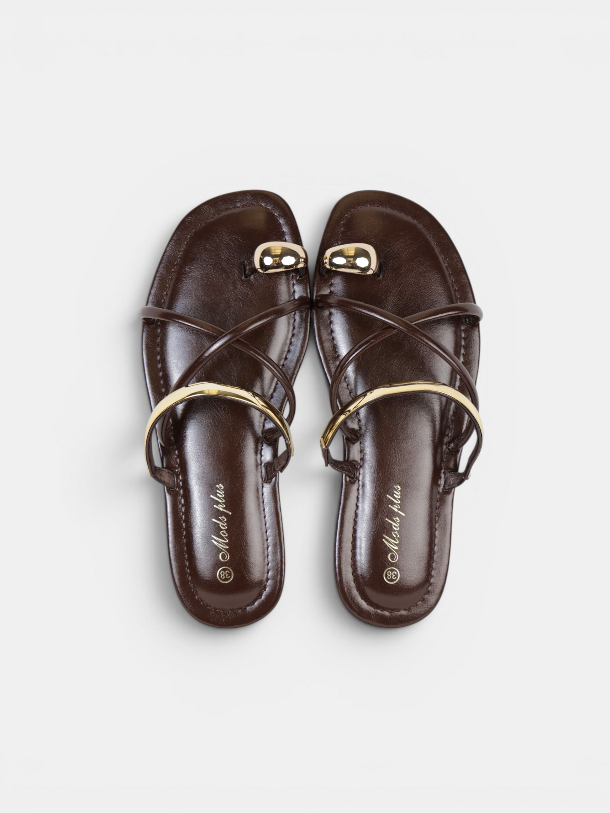 Sandalias Planas Anillo en el Dedo para mujer con tiras cruzadas y detalles metálicos dorados, chanclas elegantes de verano para playa, vacaciones, vestidos y looks casual chic