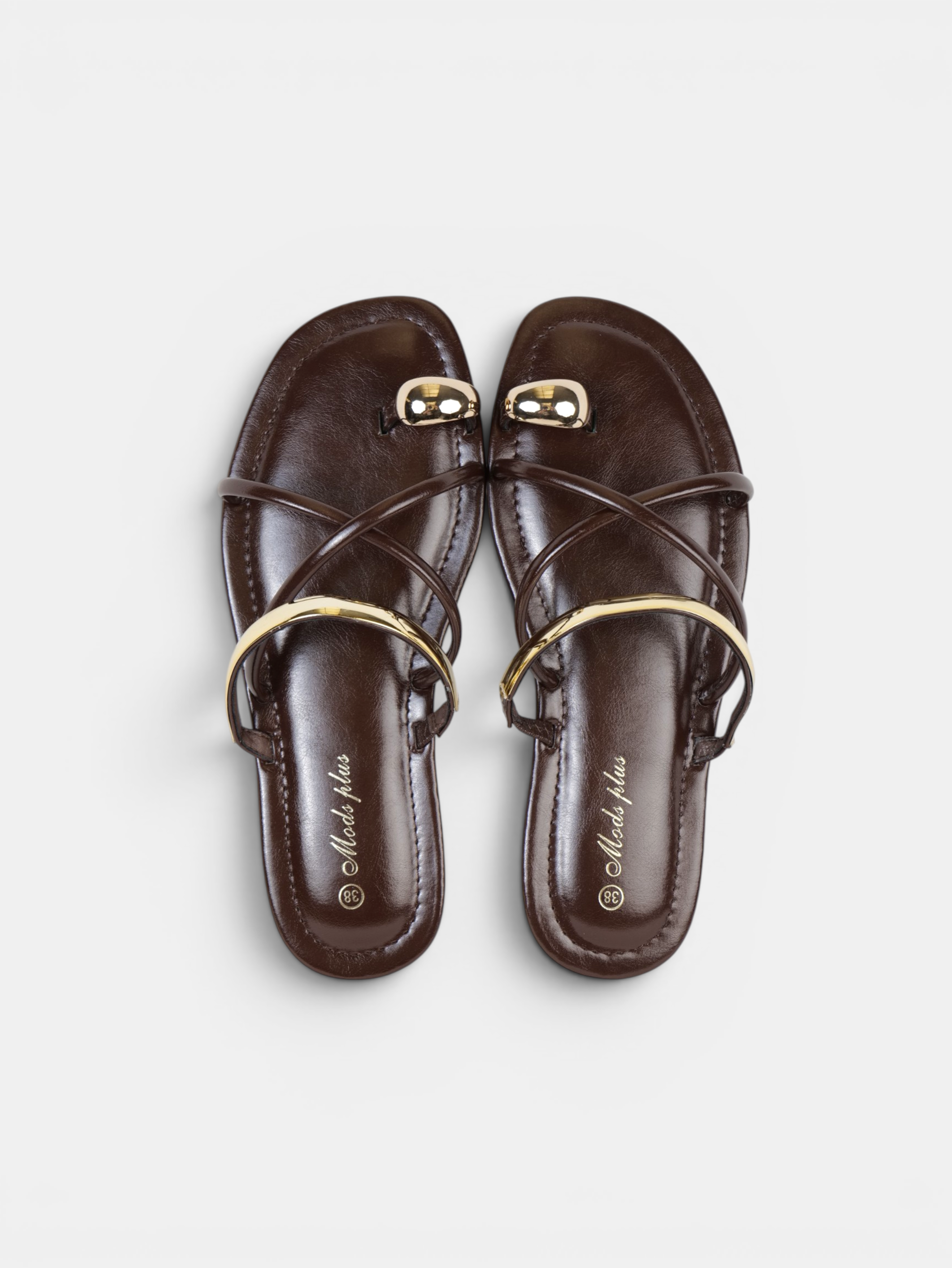 Sandalias Planas Anillo en el Dedo para mujer con tiras cruzadas y detalles metálicos dorados, chanclas elegantes de verano para playa, vacaciones, vestidos y looks casual chic