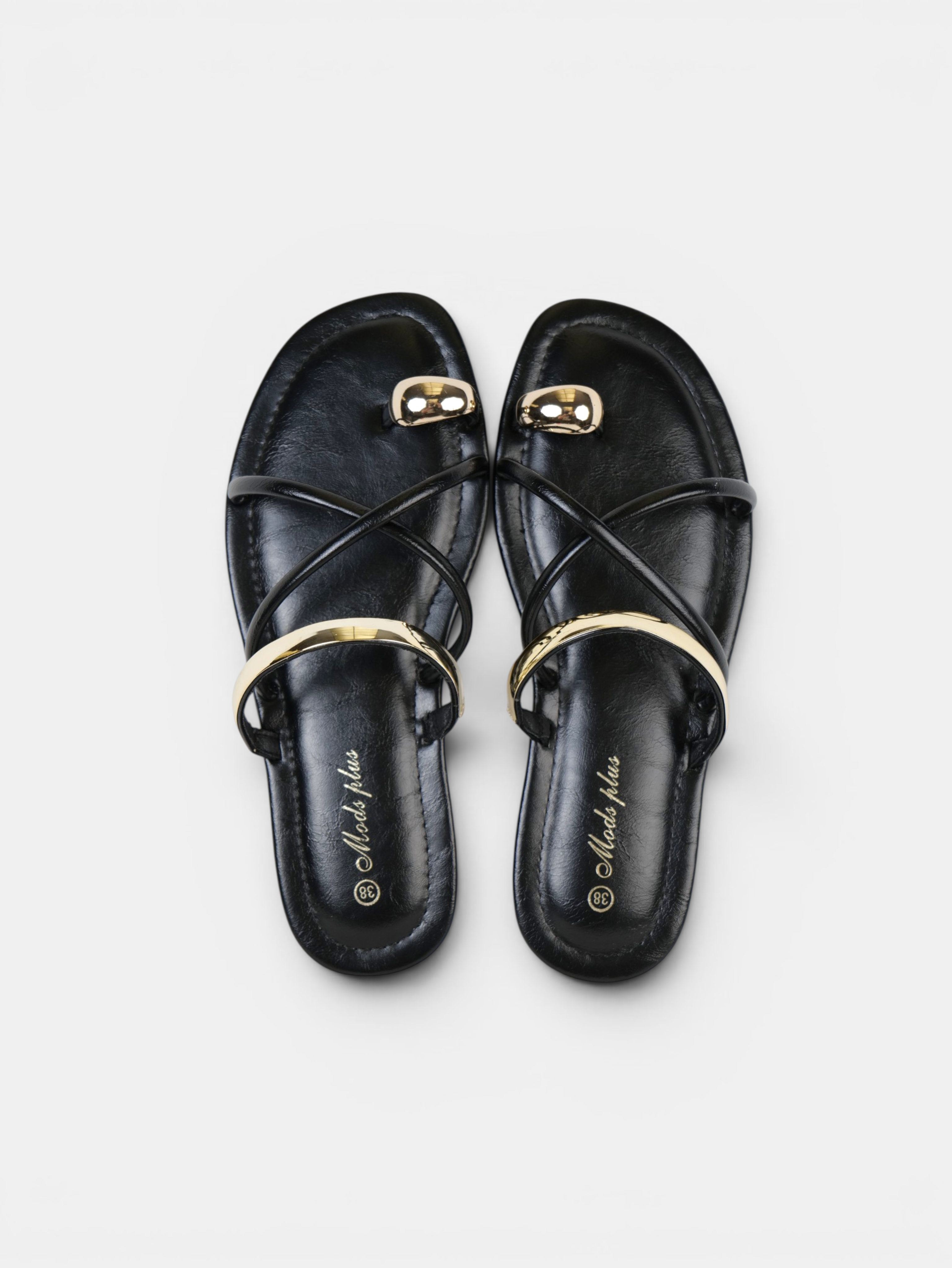 Sandalias Planas Anillo en el Dedo para mujer con tiras cruzadas y detalles metálicos dorados, chanclas elegantes de verano para playa, vacaciones, vestidos y looks casual chic