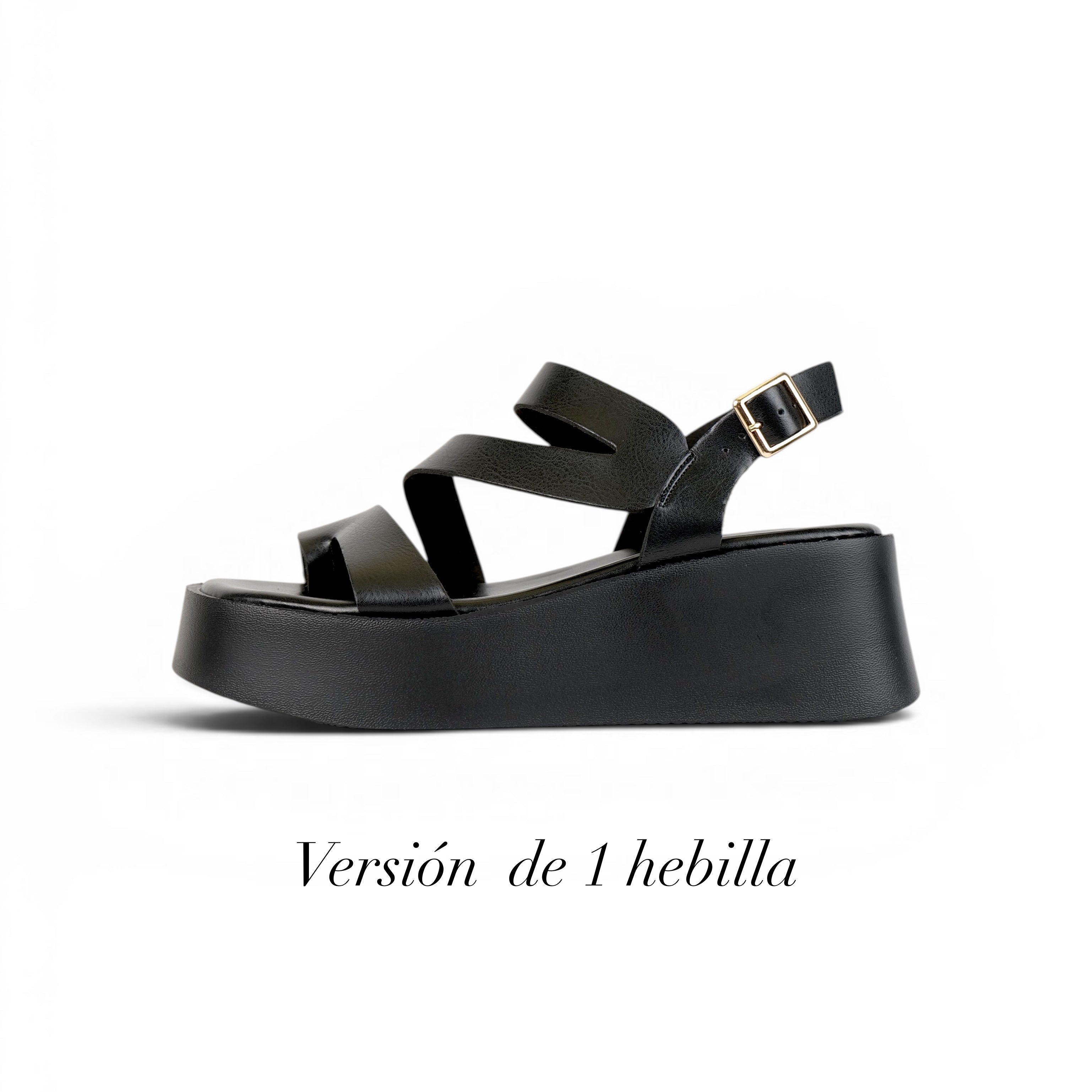 Sandalias Romanas con Plataforma alta para mujer en negro con tiras múltiples y hebillas metálicas, zapatos abiertos cómodos estilo casual urbano