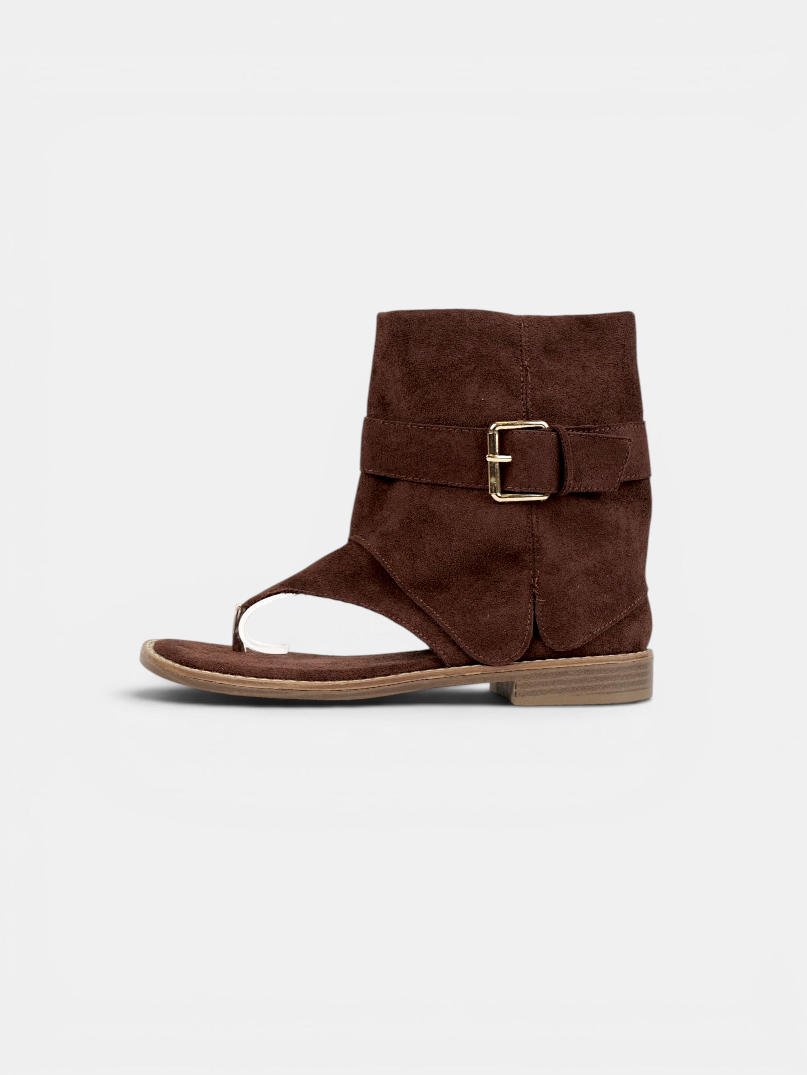 Sandalias Tipo Botín con Separación para el Dedo, Hebilla Decorativa y Acabado Efecto Ante en Color Taupe y Chocolate para Verano, Vacaciones y Looks Boho