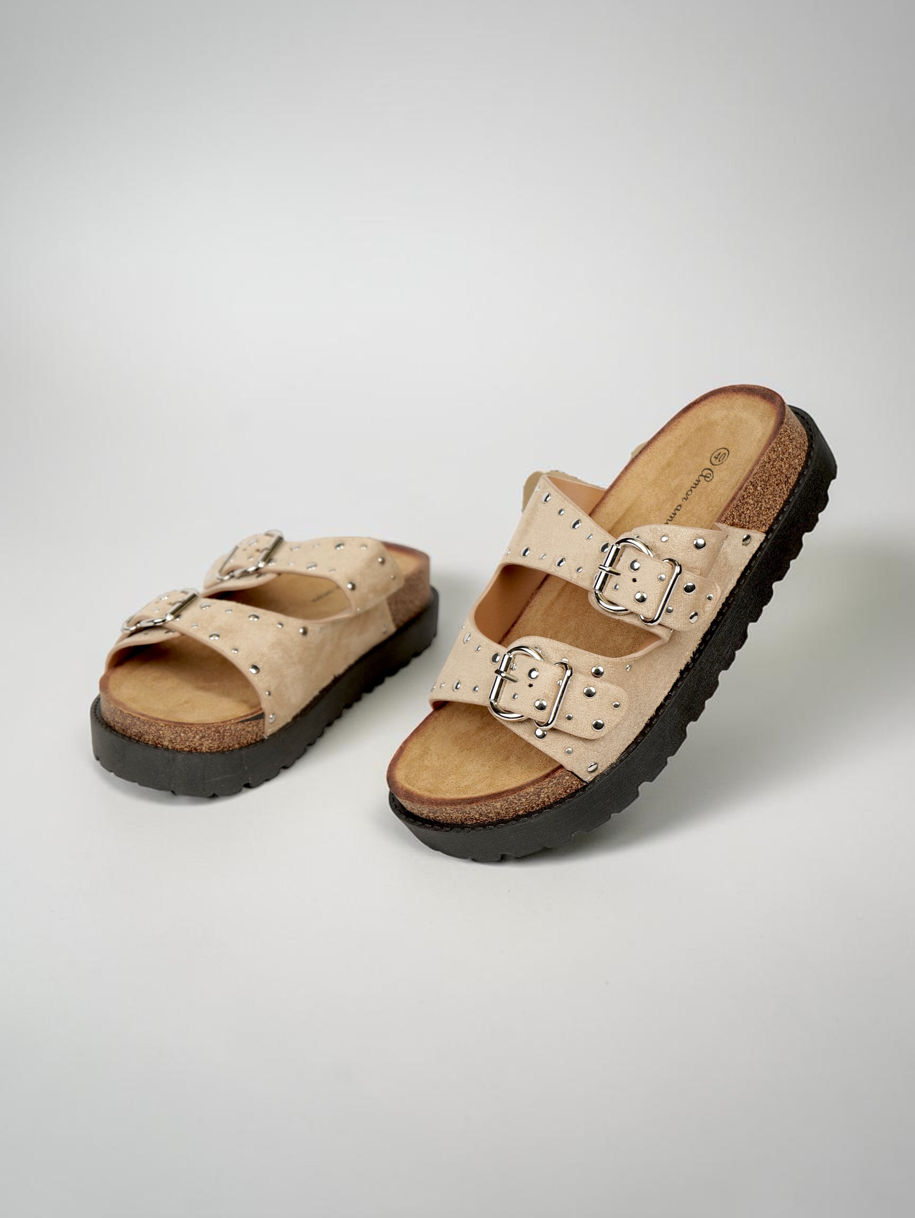 Sandalias Bio con Plataforma y Doble Hebilla de Velcro, Hebilla con Tachuales, Tira Ancha de Crochet Floral