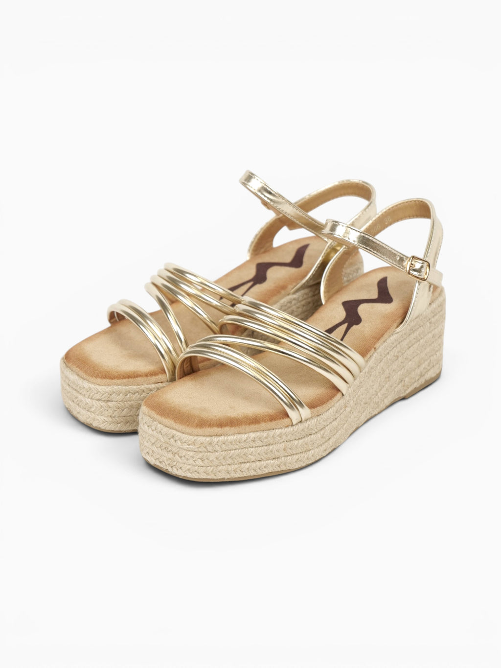 Sandalias de Cuña 6cm Doradas con Plataforma de Yute, Tiras Metálicas Múltiples y Pulsera al Tobillo para Eventos, Invitadas, Vacaciones y Looks de Verano