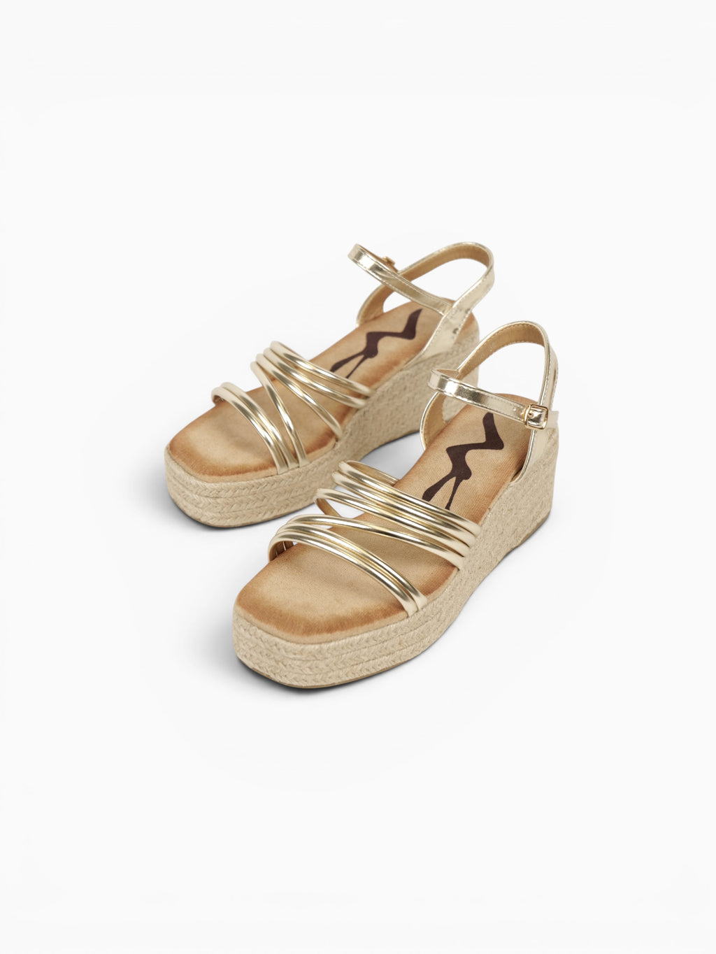 Sandalias de Cuña 6cm Doradas con Plataforma de Yute, Tiras Metálicas Múltiples y Pulsera al Tobillo para Eventos, Invitadas, Vacaciones y Looks de Verano
