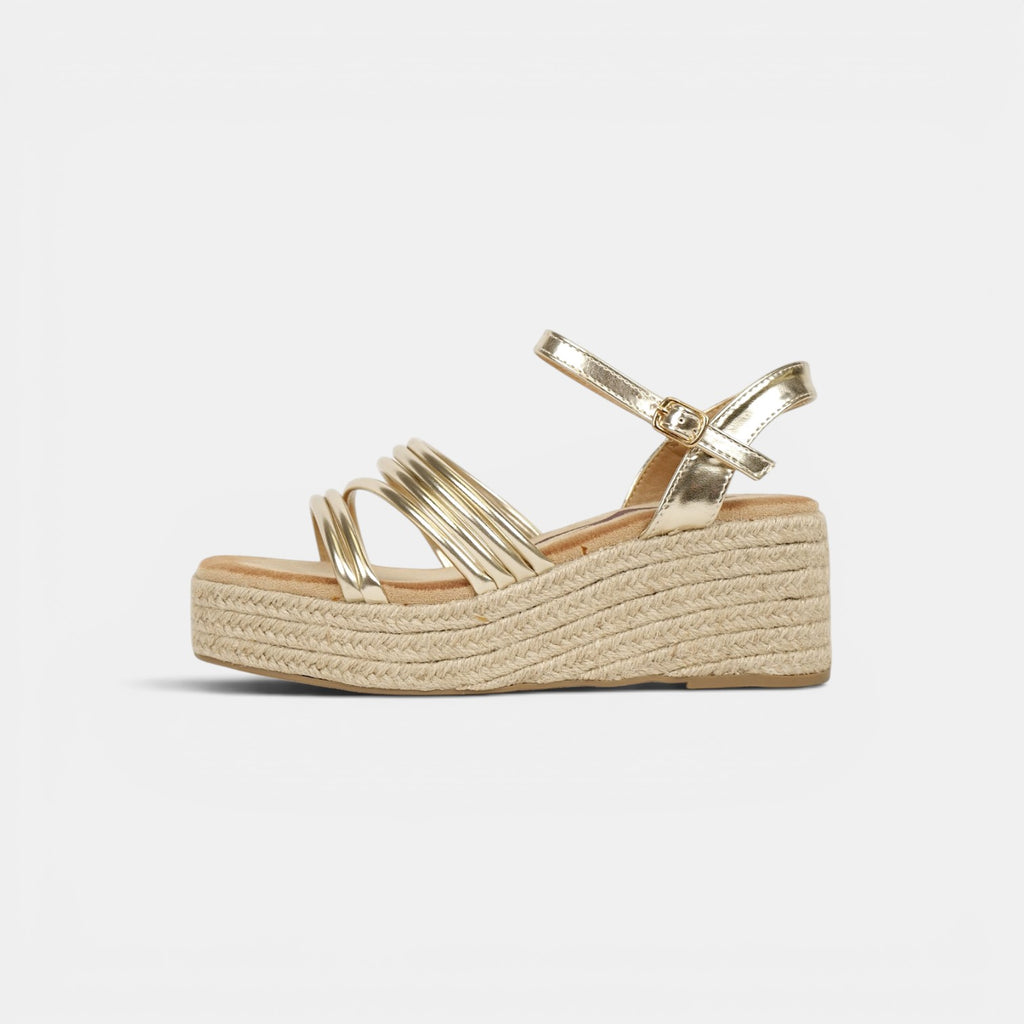 Sandalias de Cuña 6cm Doradas con Plataforma de Yute, Tiras Metálicas Múltiples y Pulsera al Tobillo para Eventos, Invitadas, Vacaciones y Looks de Verano